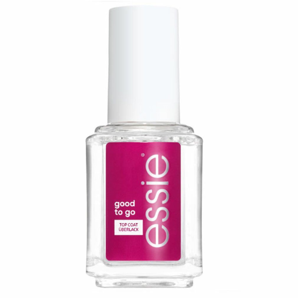 Flacone di smalto trasparente con tappo bianco. L'etichetta riporta "Essie Good to Go Top Coat".