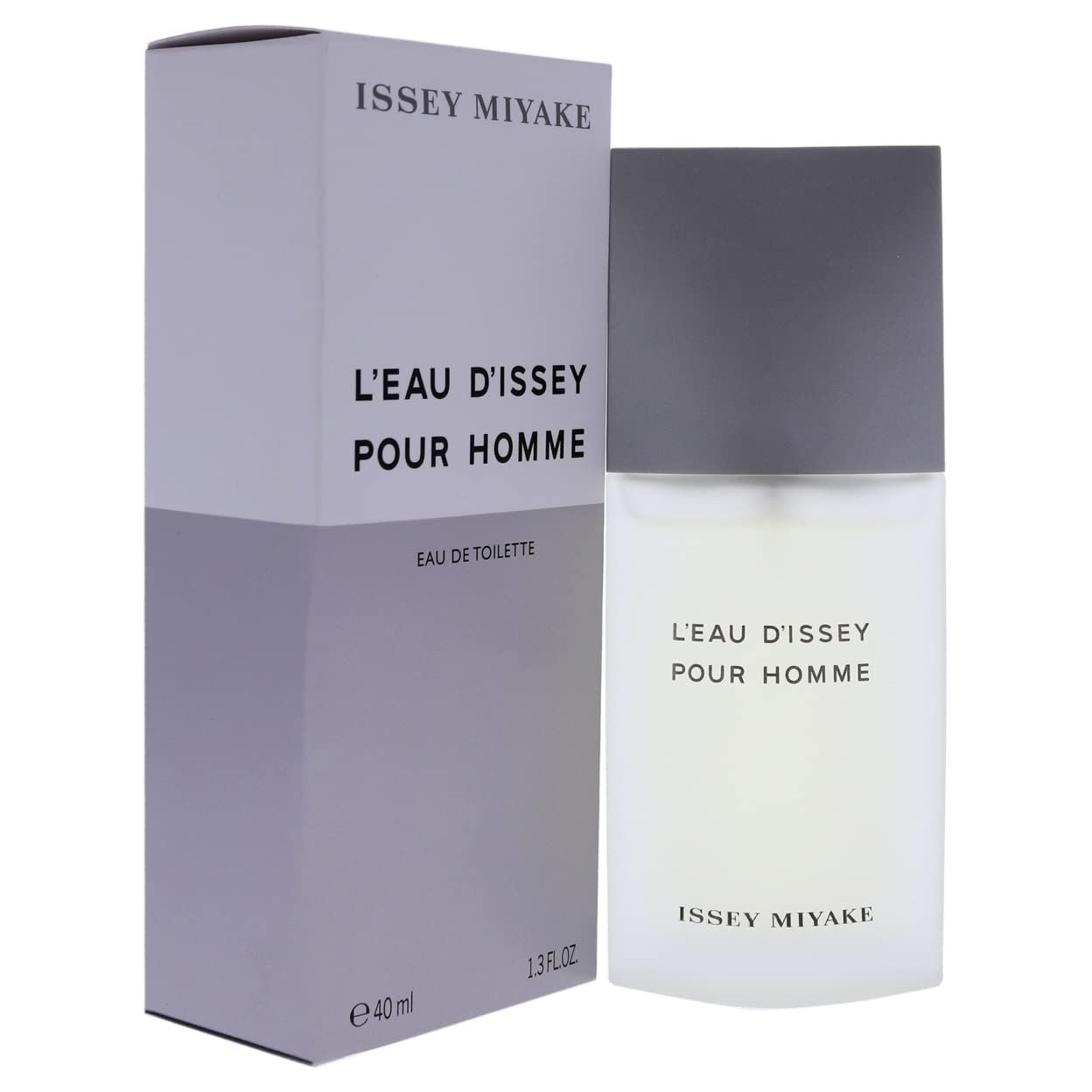 Flacone e confezione. Flacone: rettangolare, grigio-bianco. Confezione: bianco-lilla. Scritta: L'EAU D'ISSEY POUR HOMME e ISSEY MIYAKE.