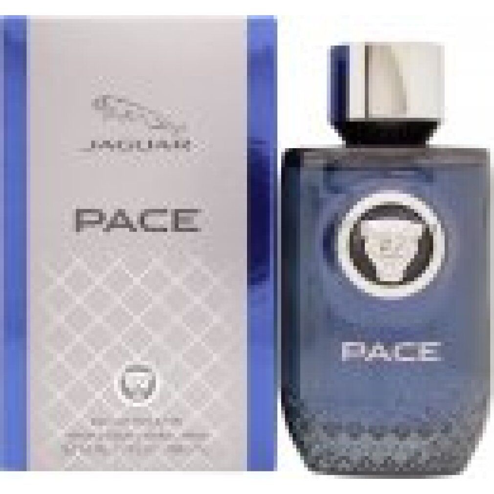 Flacone blu e confezione di Jaguar Pace Eau de Toilette. Scritta: Jaguar, Pace, Eau de Toilette. Logo con giaguaro.