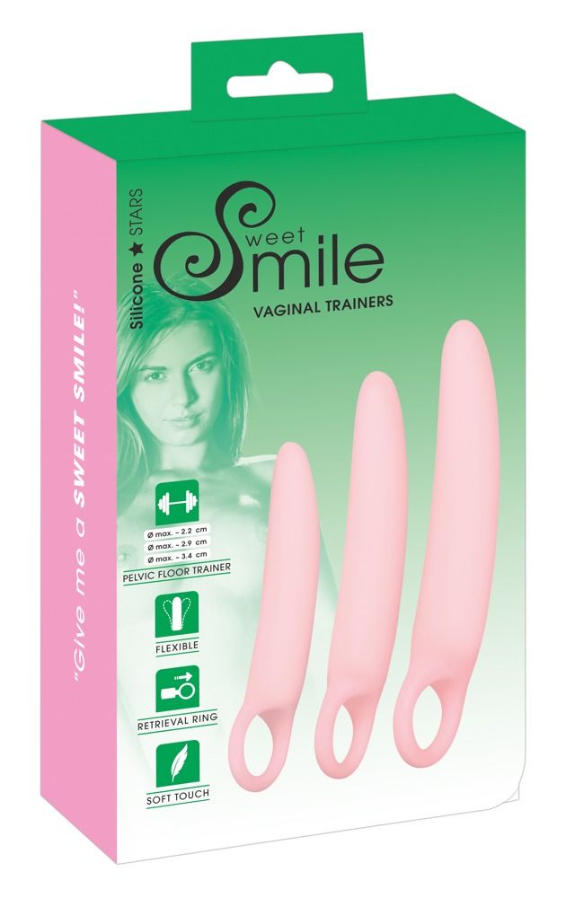 Tre trainer vaginali rosa di diverse dimensioni con anello di presa. Confezione con immagine del prodotto e caratteristiche.