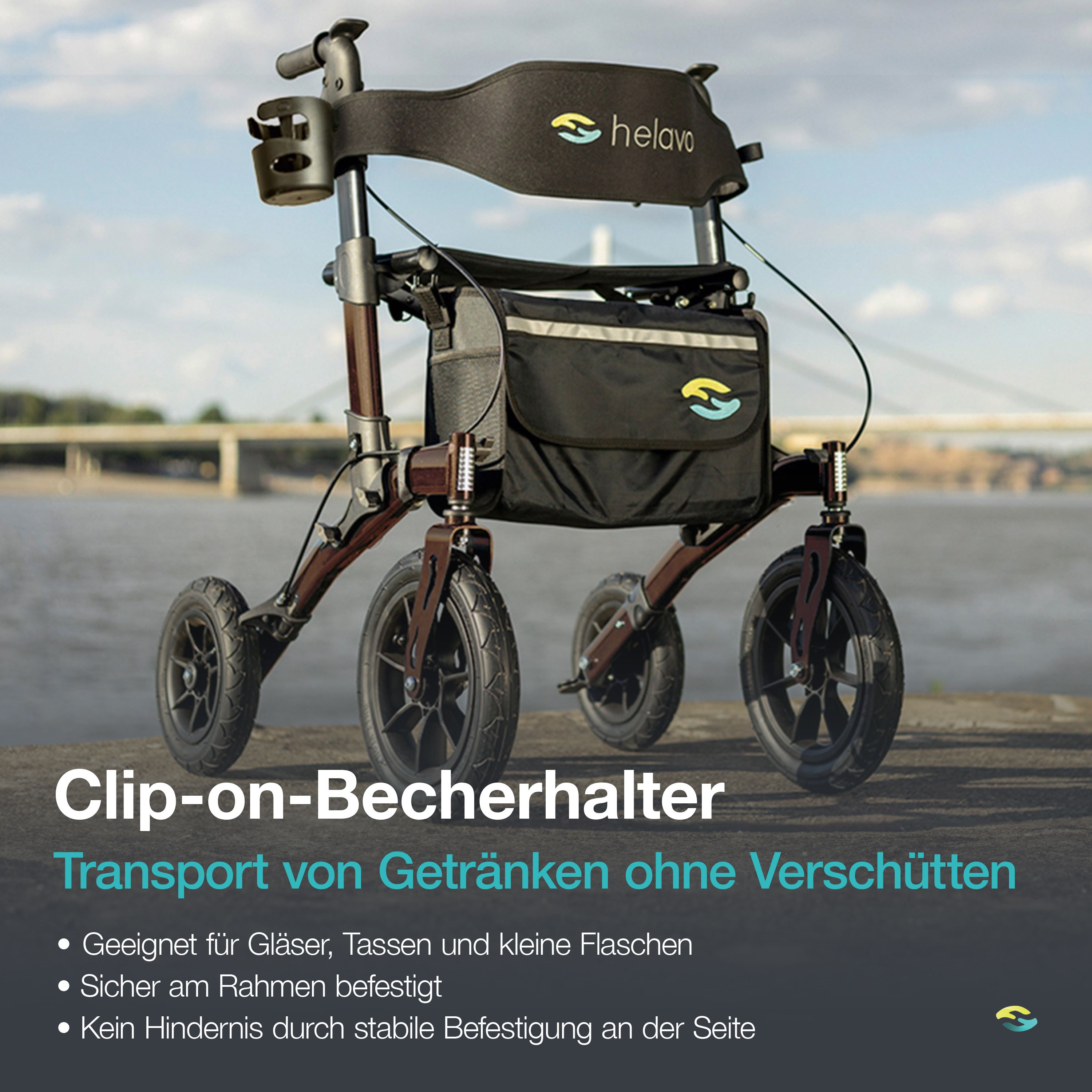 Rollator Helavo con portabicchieri a clip per bicchieri e tazze.