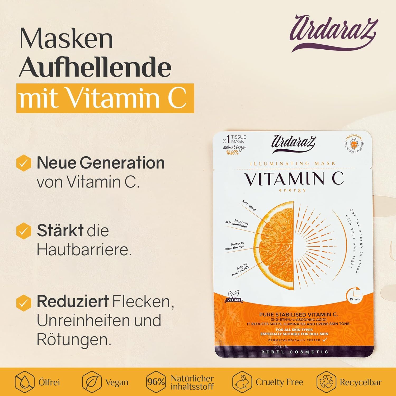 Maschera per il viso con vitamina C. Testo: Nuova generazione di vitamina C, rafforza la barriera cutanea, riduce le macchie. Logo Ardaraz.
