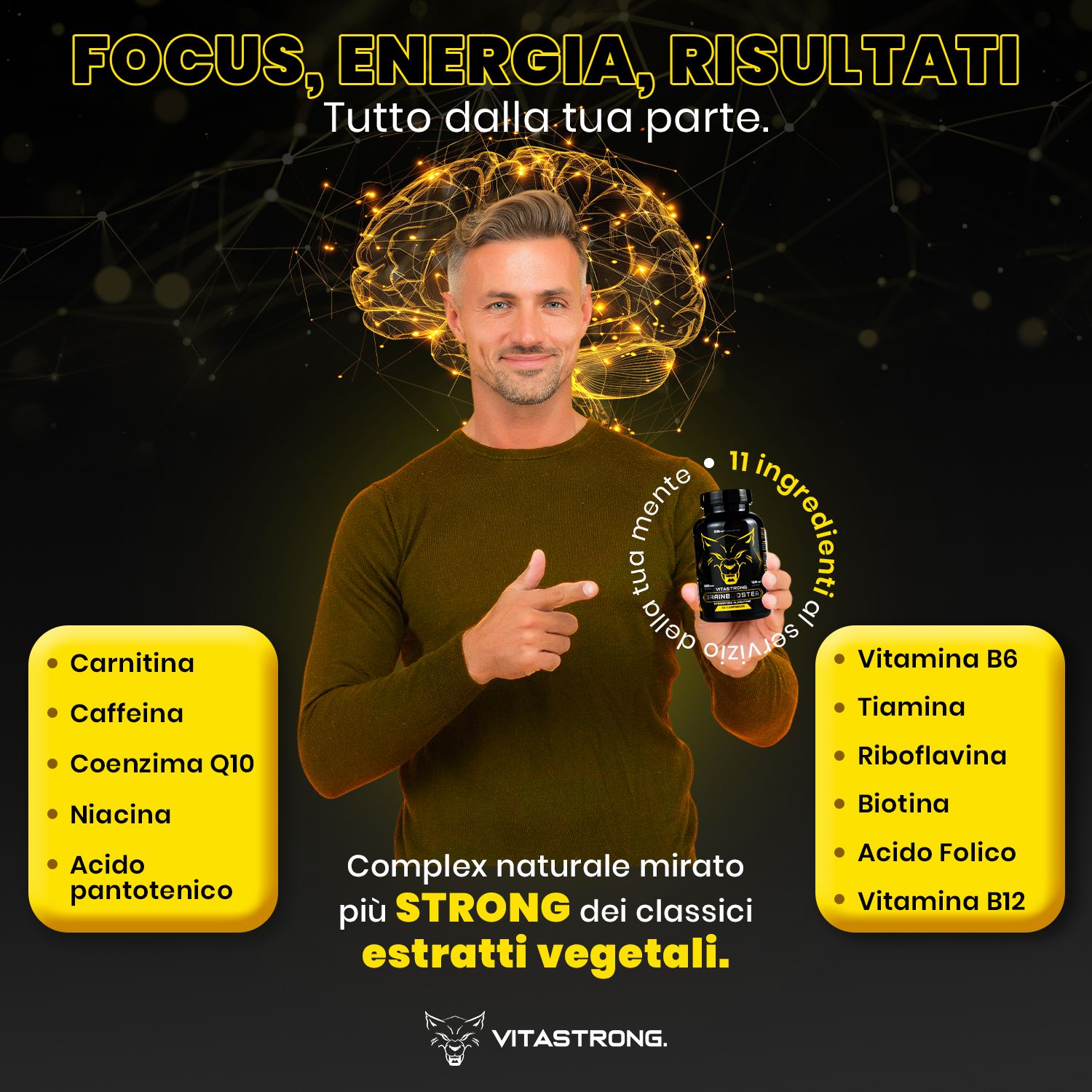 Uomo indica Vitastrong Brainbooster. Scatole gialle con ingredienti. 11 ingredienti.