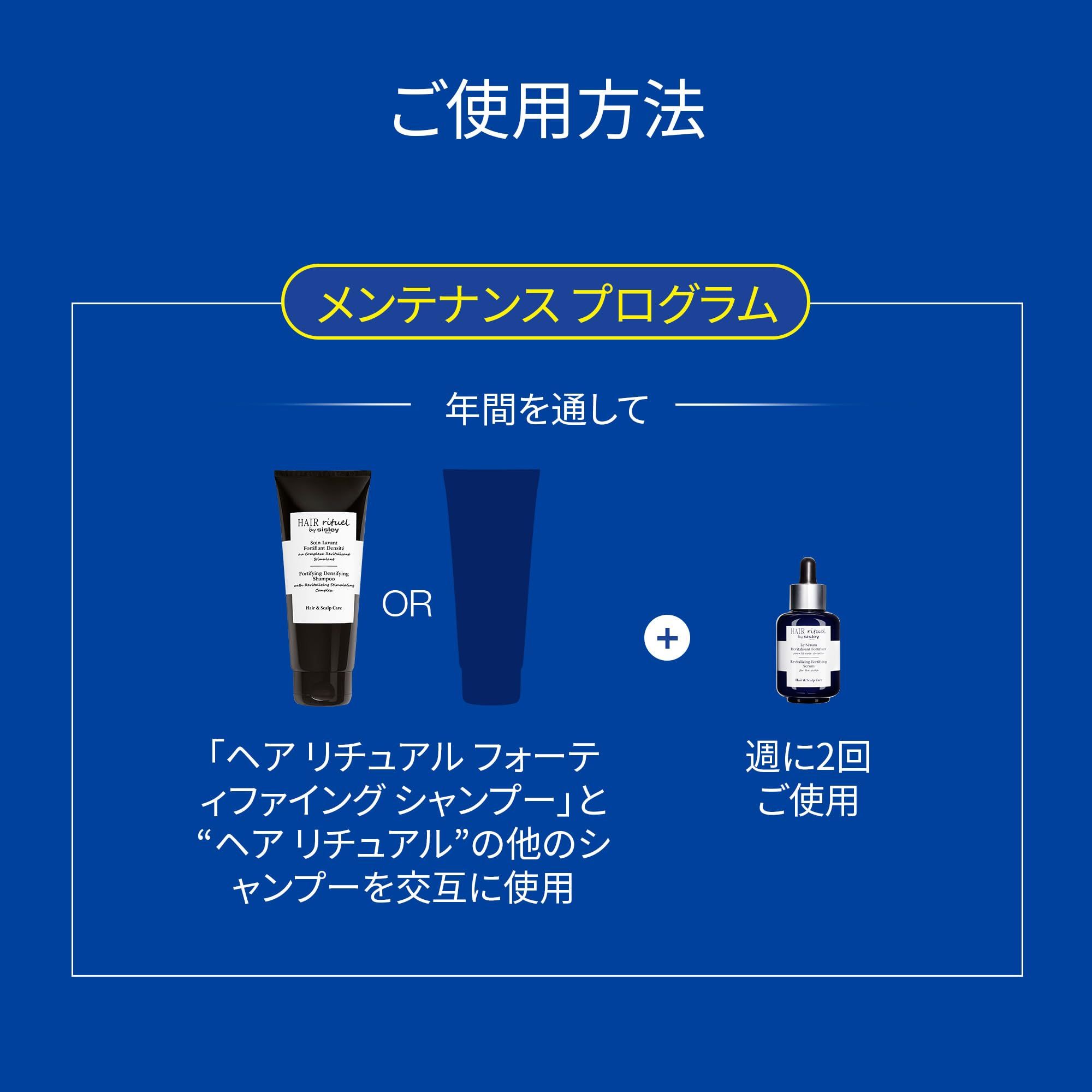 Grafico con due combinazioni di prodotti. Testo: Programma di manutenzione. Prodotti: shampoo, siero. Testo giapponese.