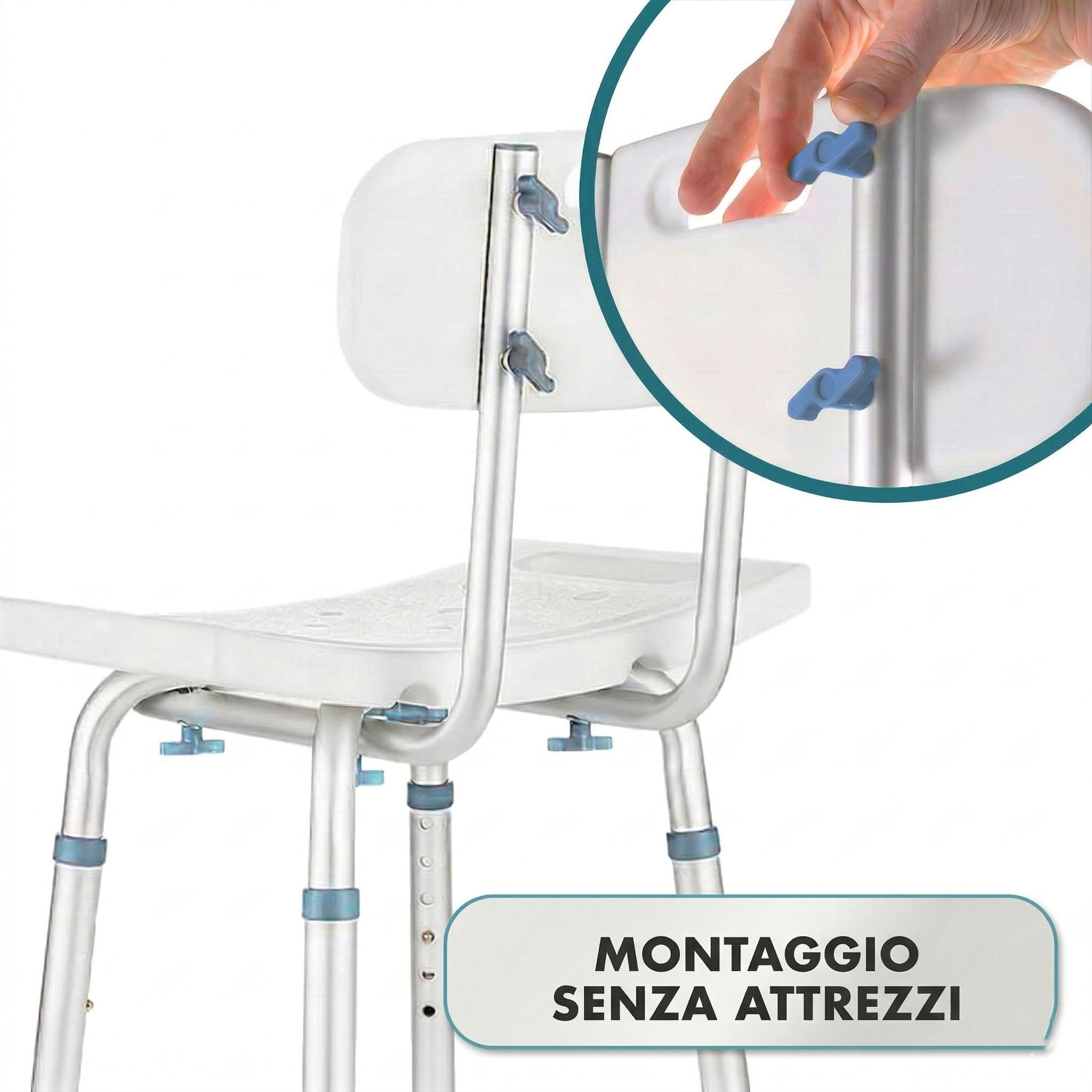 Sedia da doccia con schienale. Montaggio senza attrezzi. Viti blu.