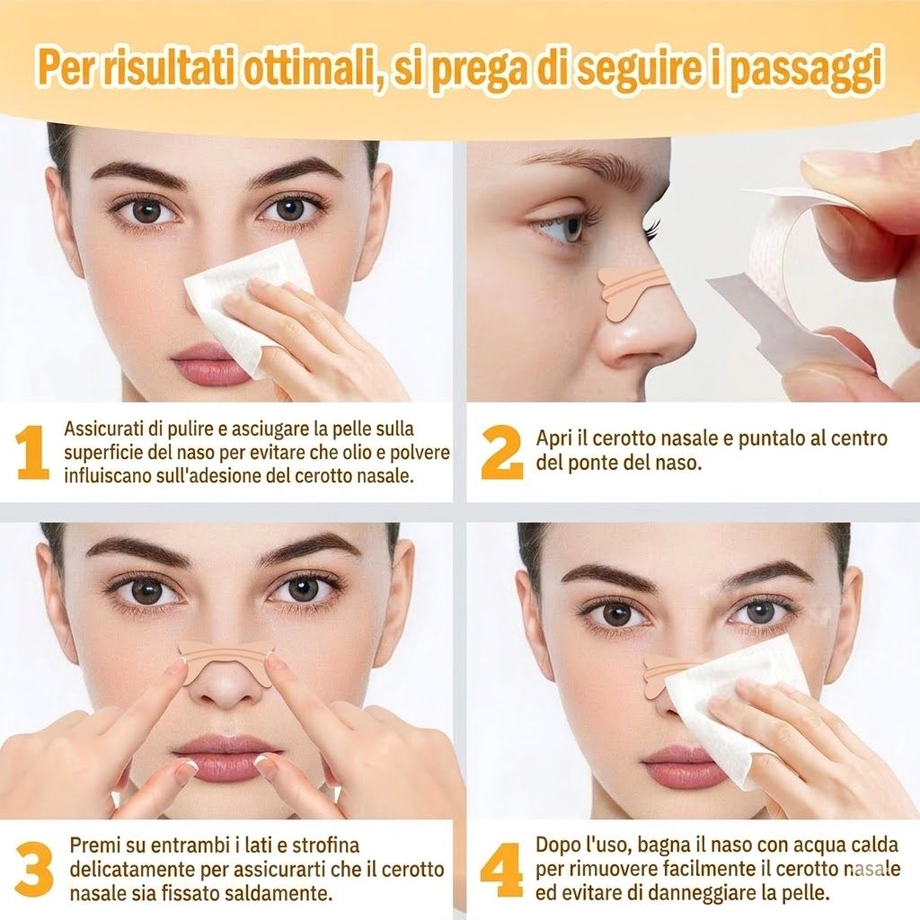 Istruzioni per l'uso dei cerotti nasali. Quattro passaggi: pulire, posizionare, premere, rimuovere.