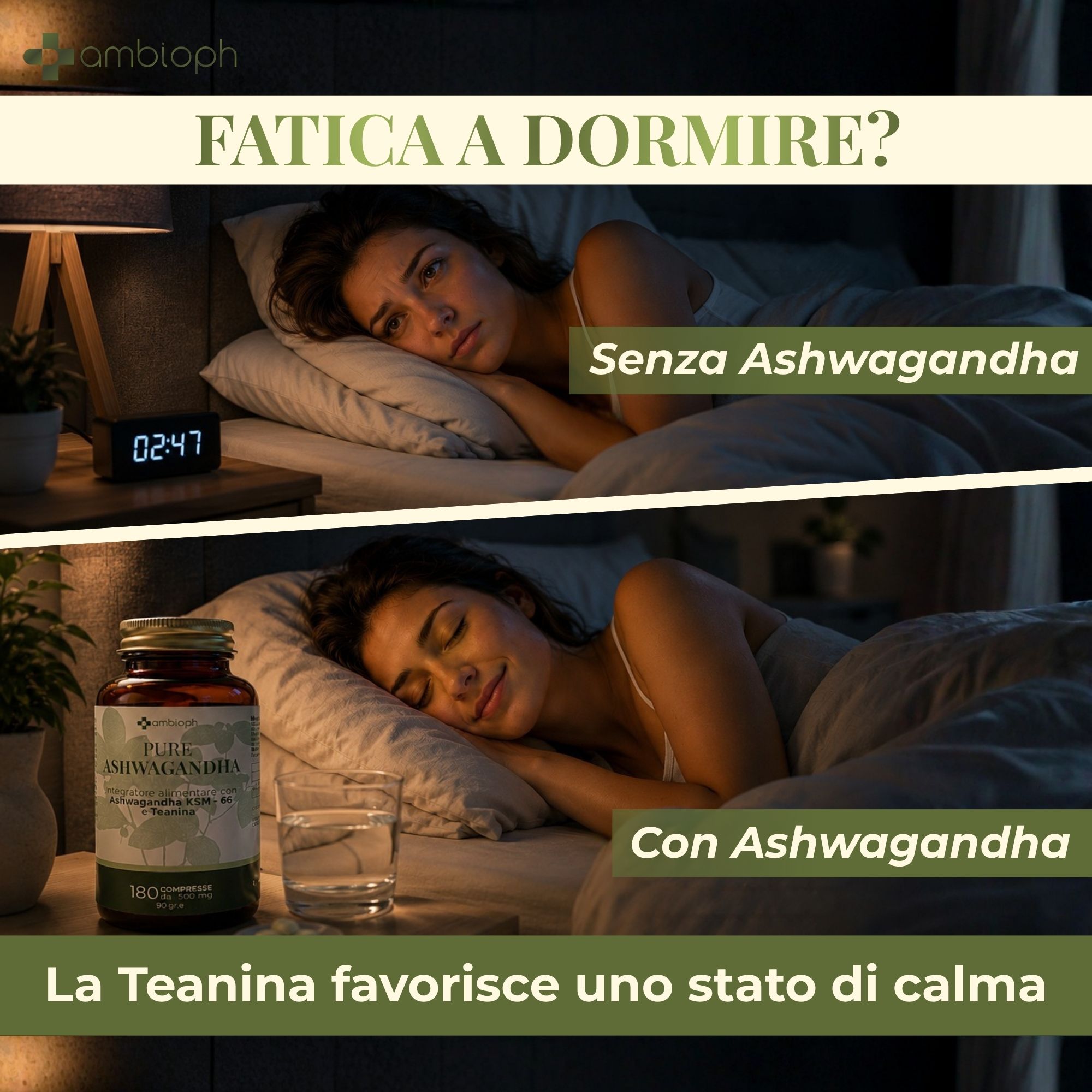Una donna tiene in mano una bottiglia di capsule di Ashwagandha, con piante sullo sfondo.