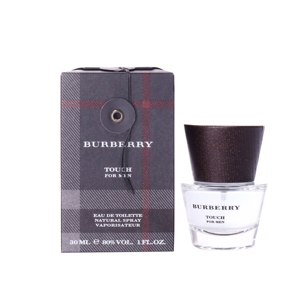 Flacone di profumo e confezione. Confezione con logo Burberry e motivo a quadri.