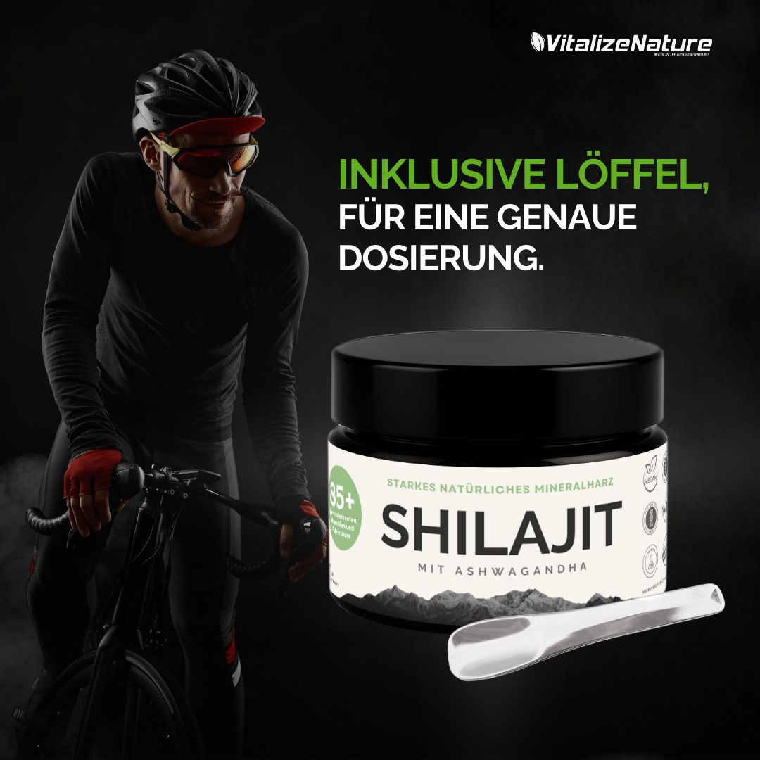 Vaso di prodotto con cucchiaio. Shilajit con Ashwagandha. Cucchiaio incluso per un dosaggio preciso. Ciclista.