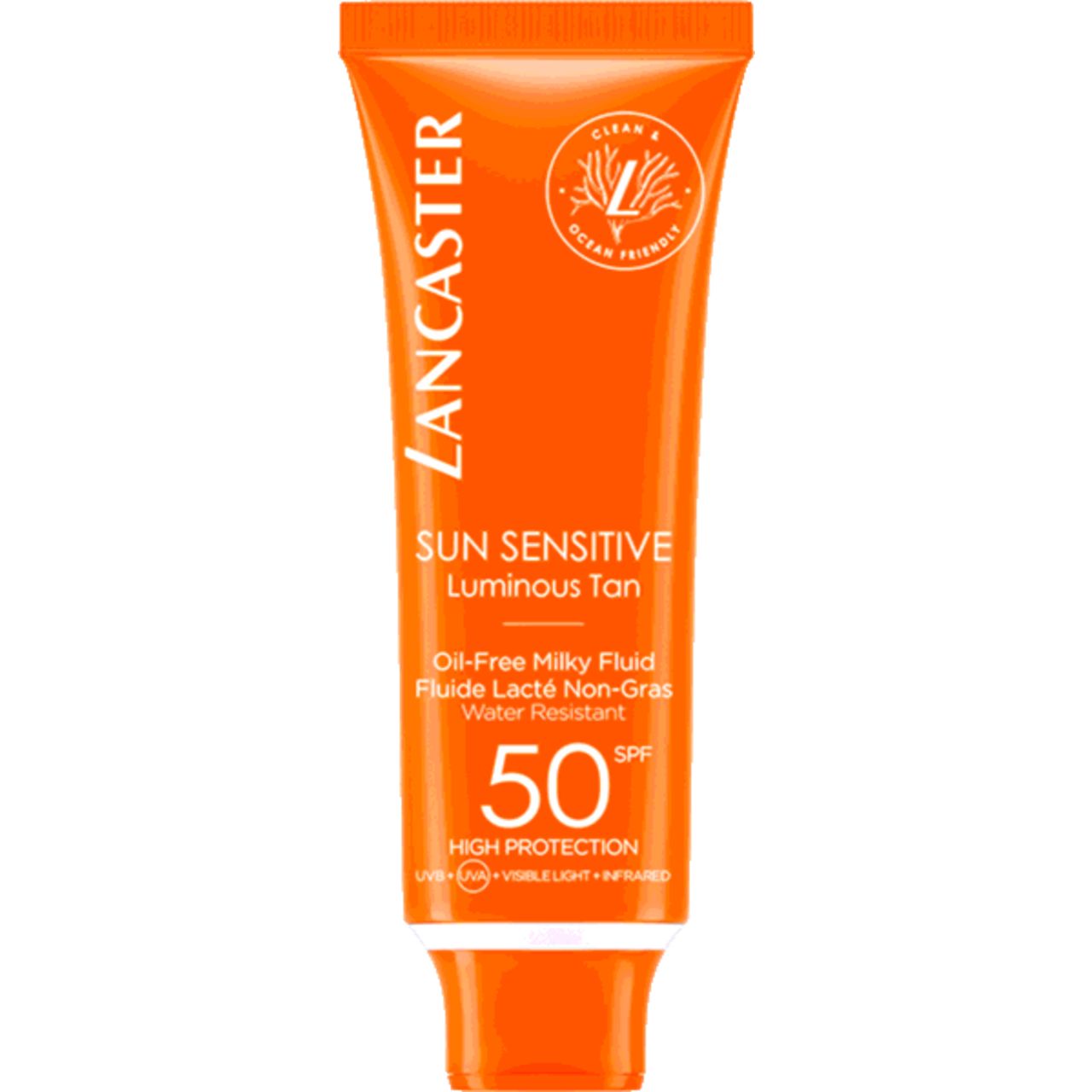 Tubo arancione di crema solare. Testo: Lancaster, Sun Sensitive, Luminous Tan, SPF 50, Alta Protezione.