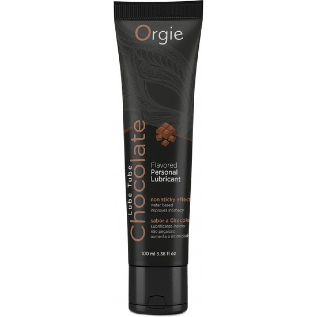 Tubo nero con nome del prodotto e immagine cioccolato. Marchio: Orgie. Testo: Chocolate, Flavored Personal Lubricant.