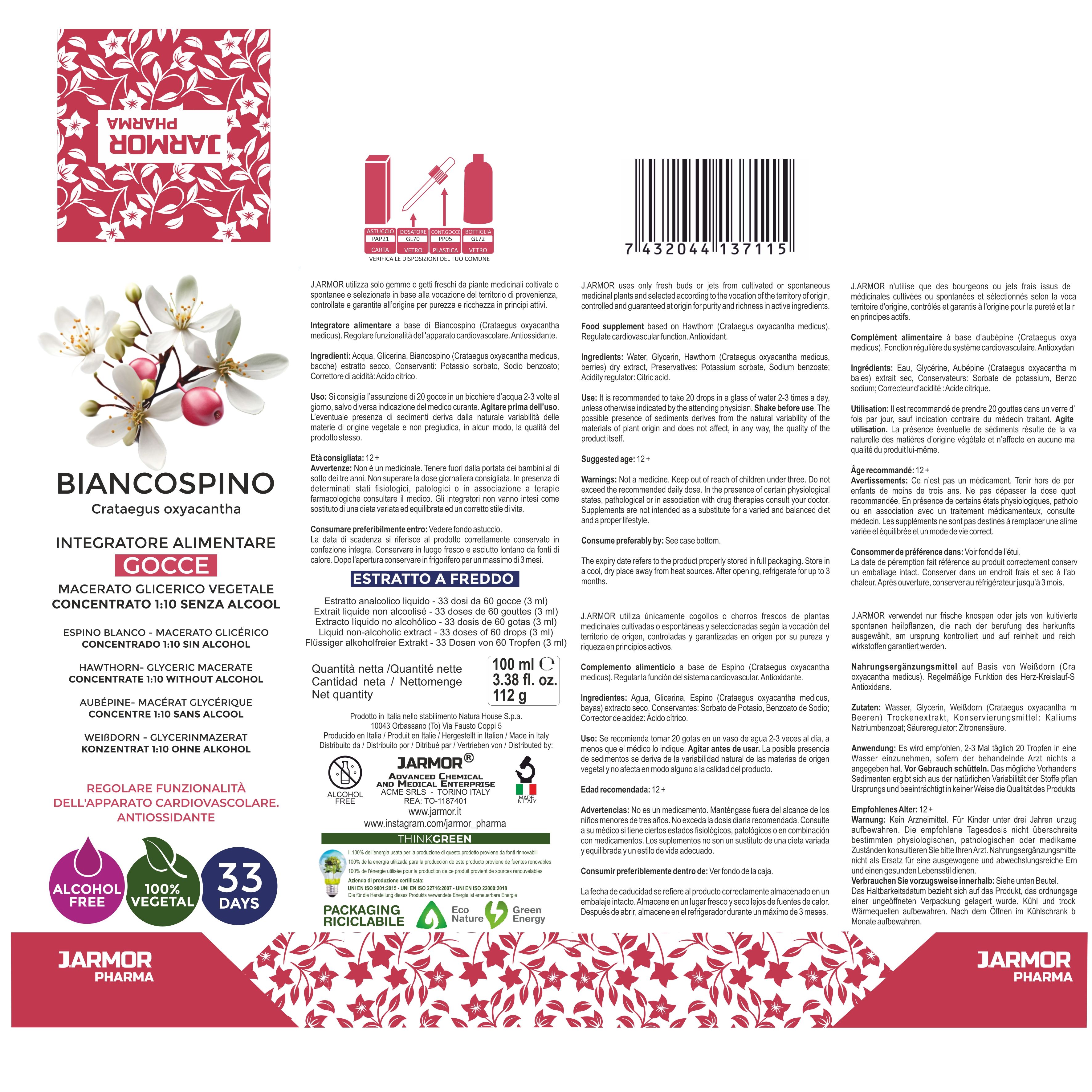 Retro della confezione del prodotto. Testo: Biancospino, Crataegus oxyacantha. Informazioni sul prodotto, ingredienti, certificazioni.