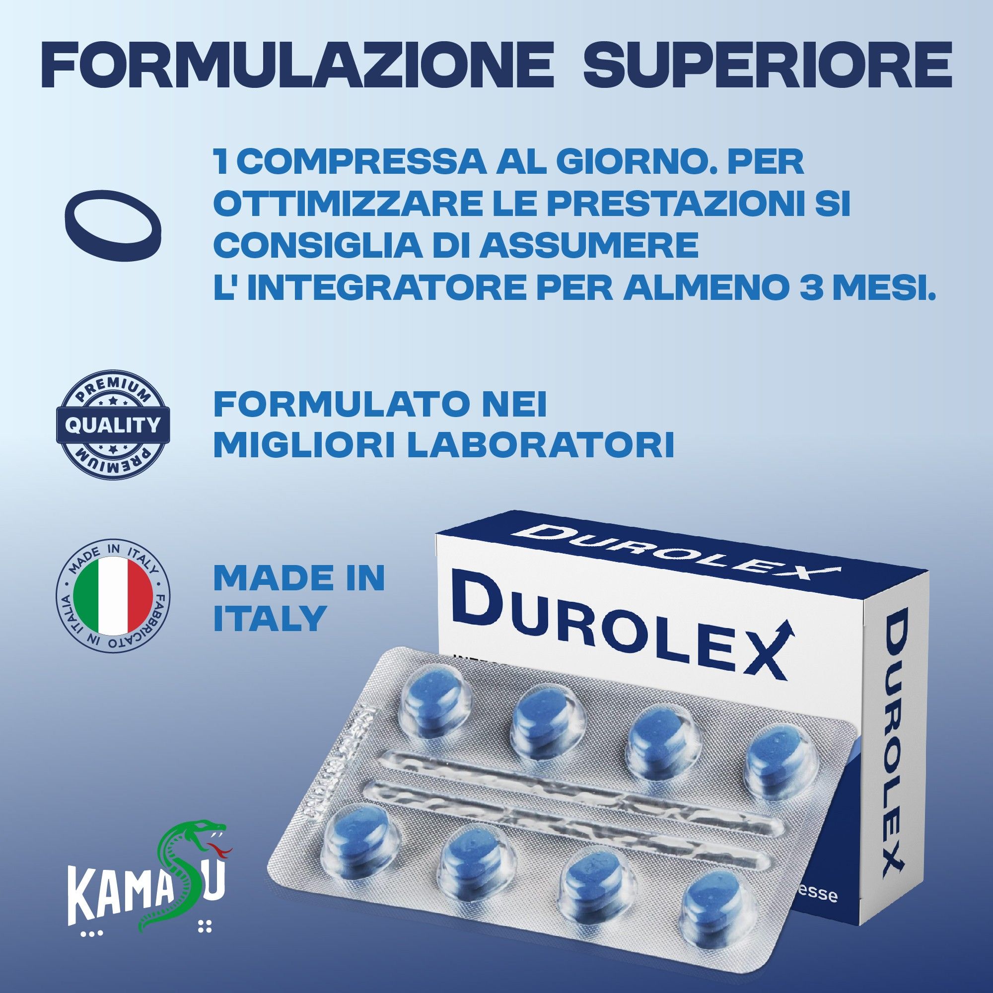 Scatola Durolex, blister compresse, logo Made in Italy. Logo Kamasù.