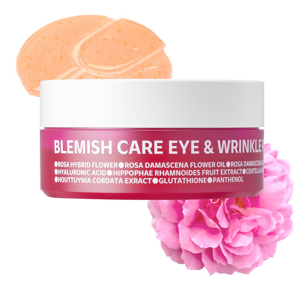 Cerotti per occhi all'estratto di fiori di rosa e confezione del prodotto. Contenitore rosa con coperchio bianco. Testo: Blemish Care Eye & Wrinkle.