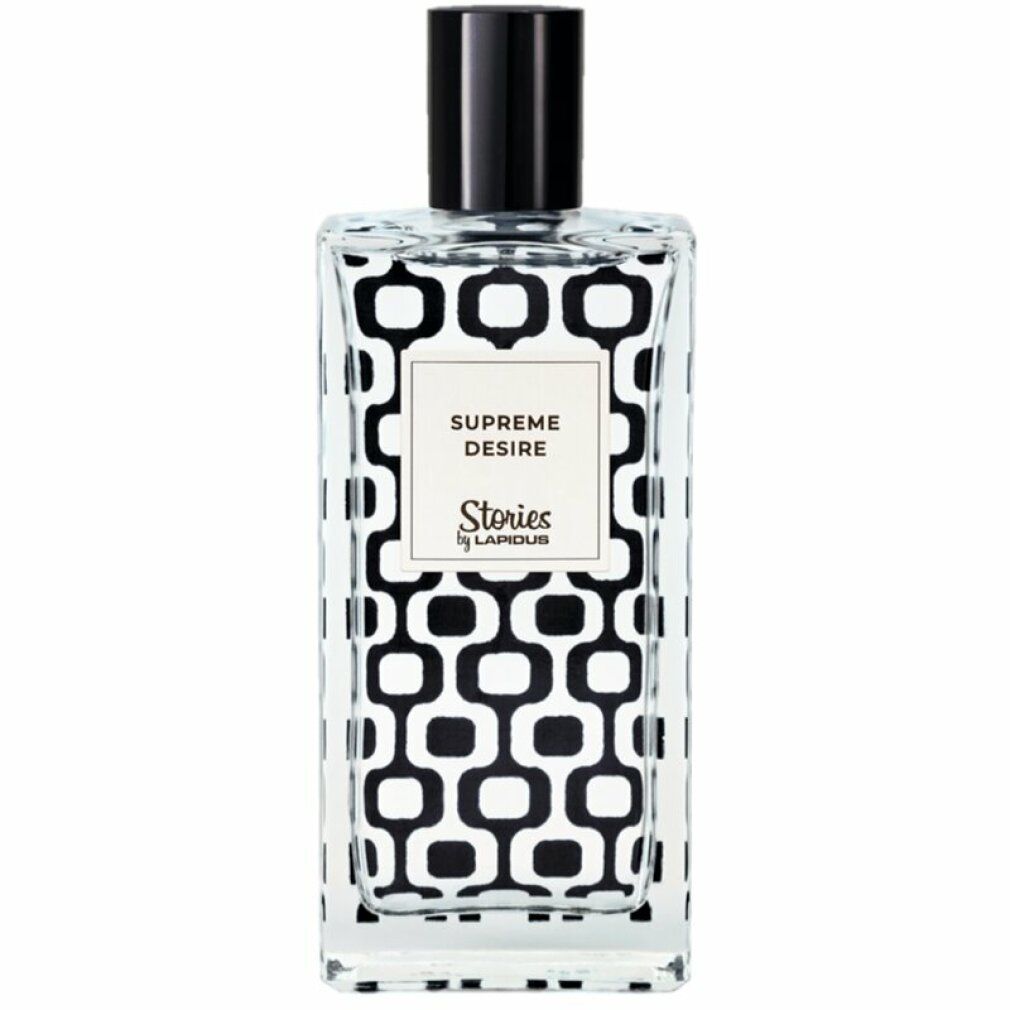 Flacone di eau de toilette. Scritta "Supreme Desire" e "Stories by Lapidus". Tappo nero, sfondo bianco con motivo.
