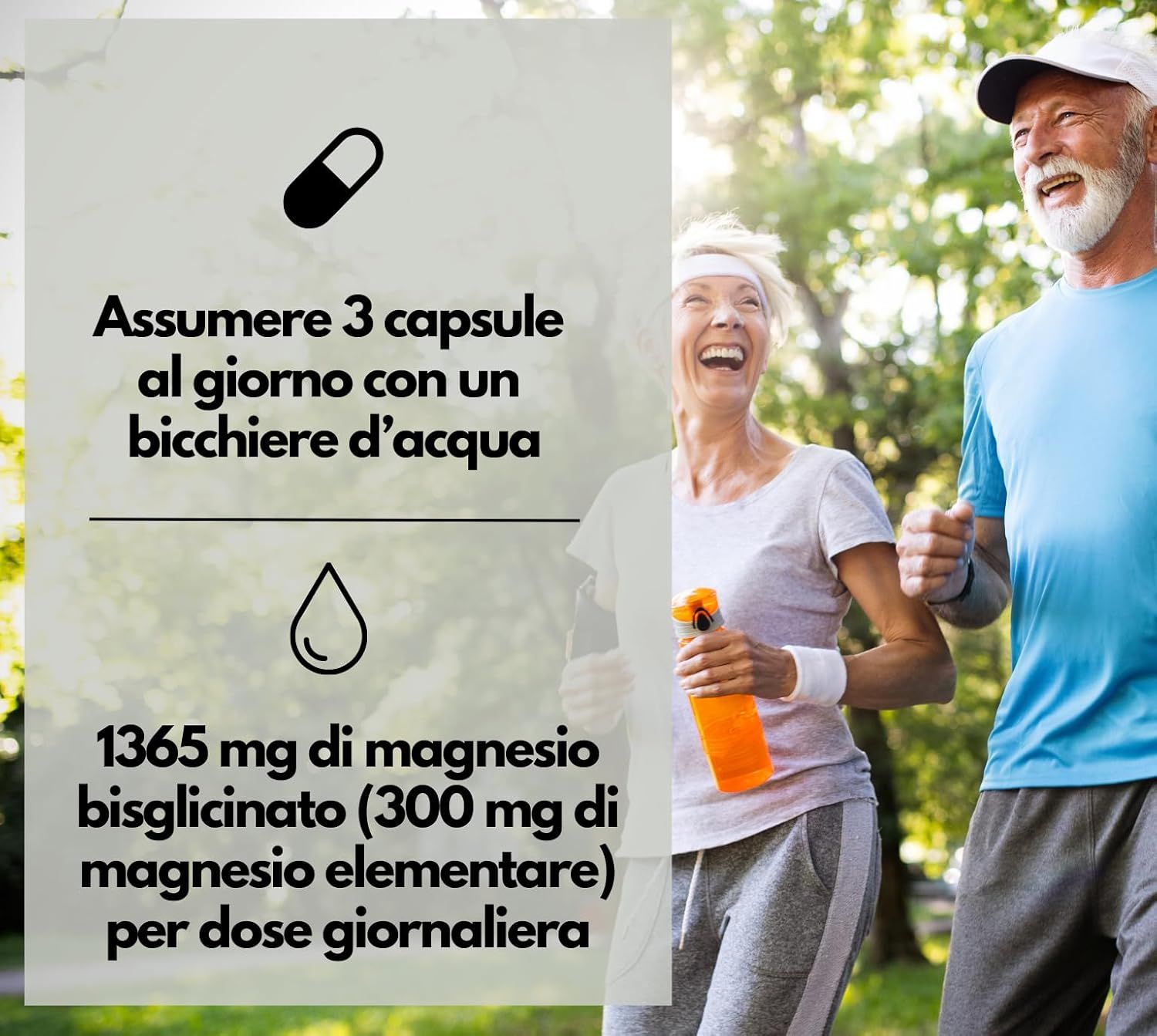 Due anziani fanno jogging. Testo: 3 capsule al giorno con acqua. 1365 mg di magnesio bisglicinato per dose giornaliera.