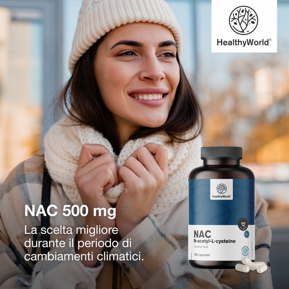 Donna con abiti invernali accanto al flacone del prodotto. Testo: NAC 500 mg. Logo: HealthyWorld. Testo: La scelta migliore.