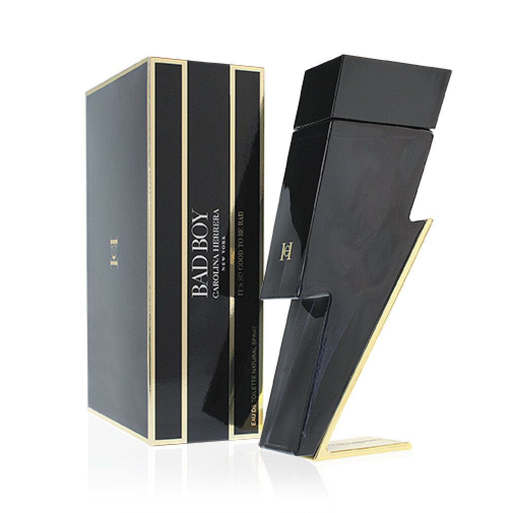 Flacone nero a forma di fulmine e confezione nera. Scritta dorata. Logo. Testo: Bad Boy.