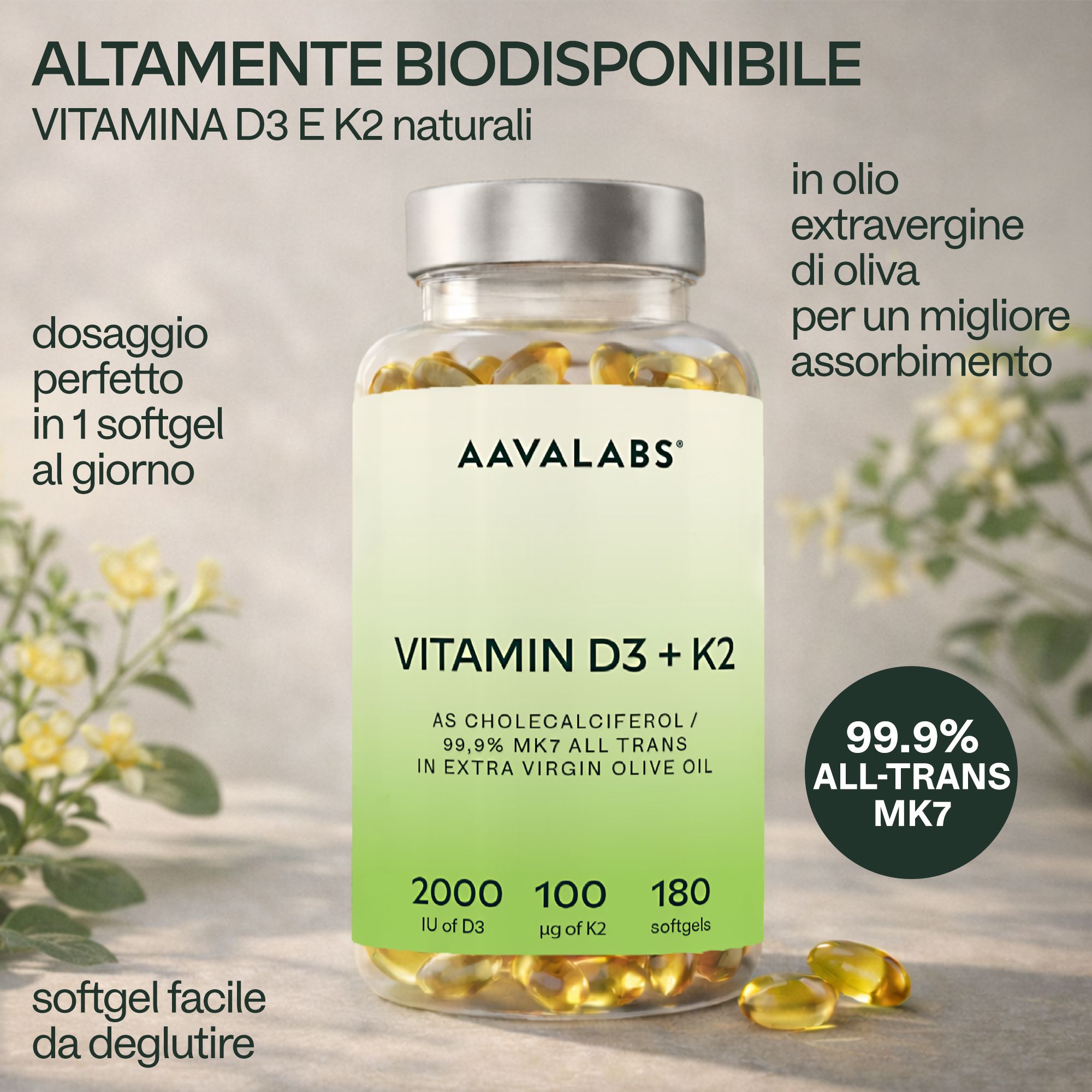 Flacone trasparente con capsule. Scritta AAVALABS, Vitamina D3 + K2. 2000 UI D3, 100 µg K2.