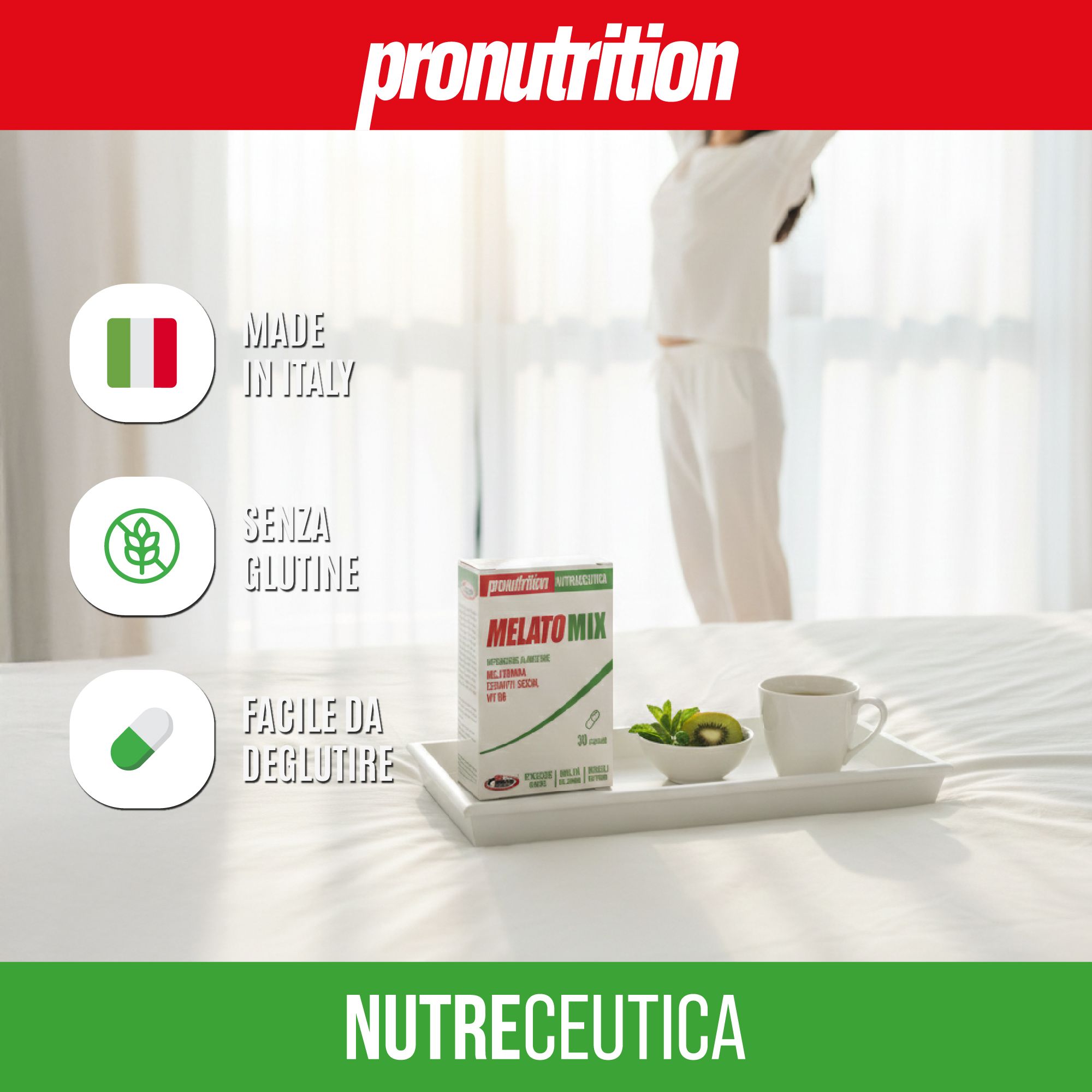 Scatola del prodotto con scritta Melatomix. 30 capsule. Su vassoio con kiwi, tazza ed erbe. Prodotto in Italia. Senza glutine. Facile da deglutire.