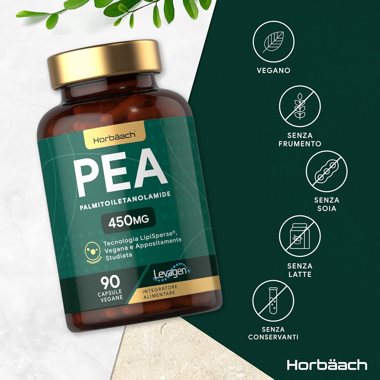 Flacone marrone, etichetta verde. PEA 450mg, 90 capsule vegane. Vegano, senza glutine, soia, latte, conservanti.