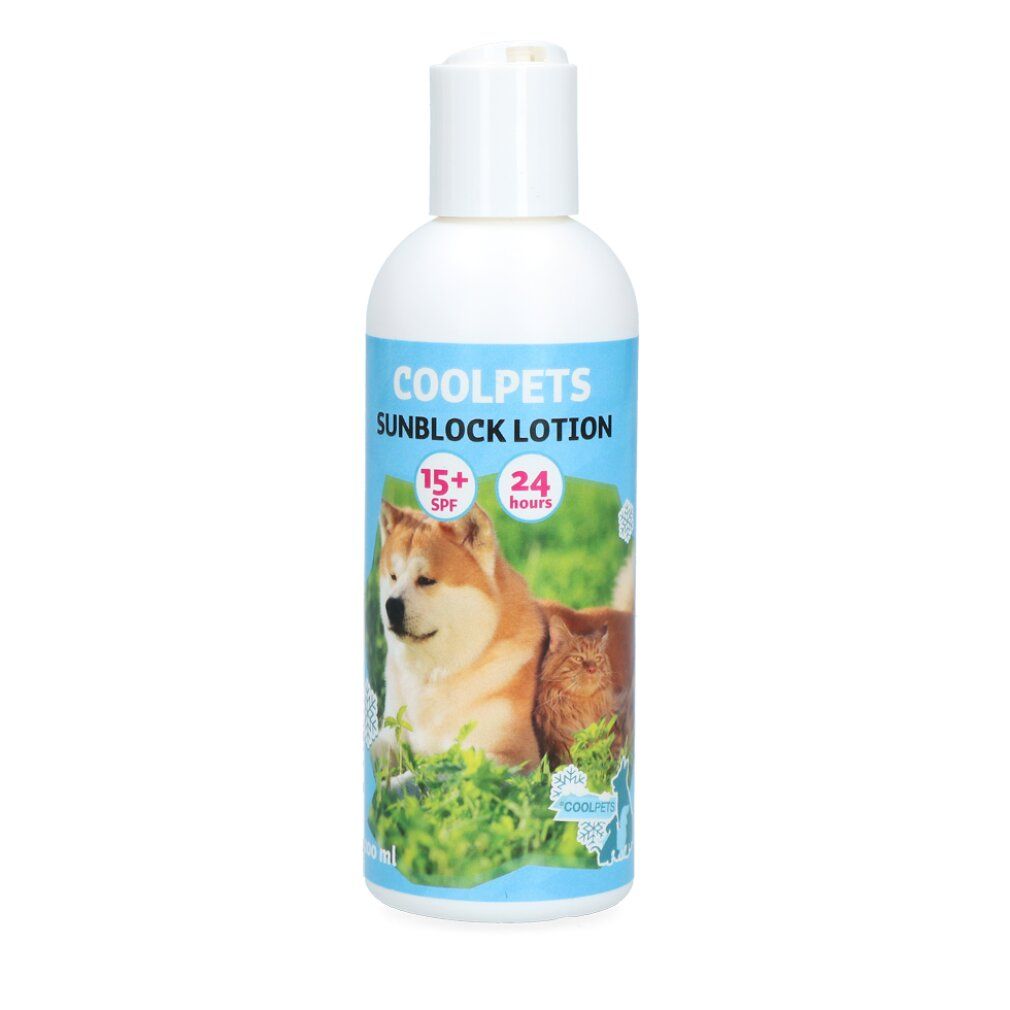 Flacone bianco con etichetta COOLPETS Sunblock Lotion. Contiene SPF 15+ e protezione 24 ore. Sono raffigurati un cane e un gatto.