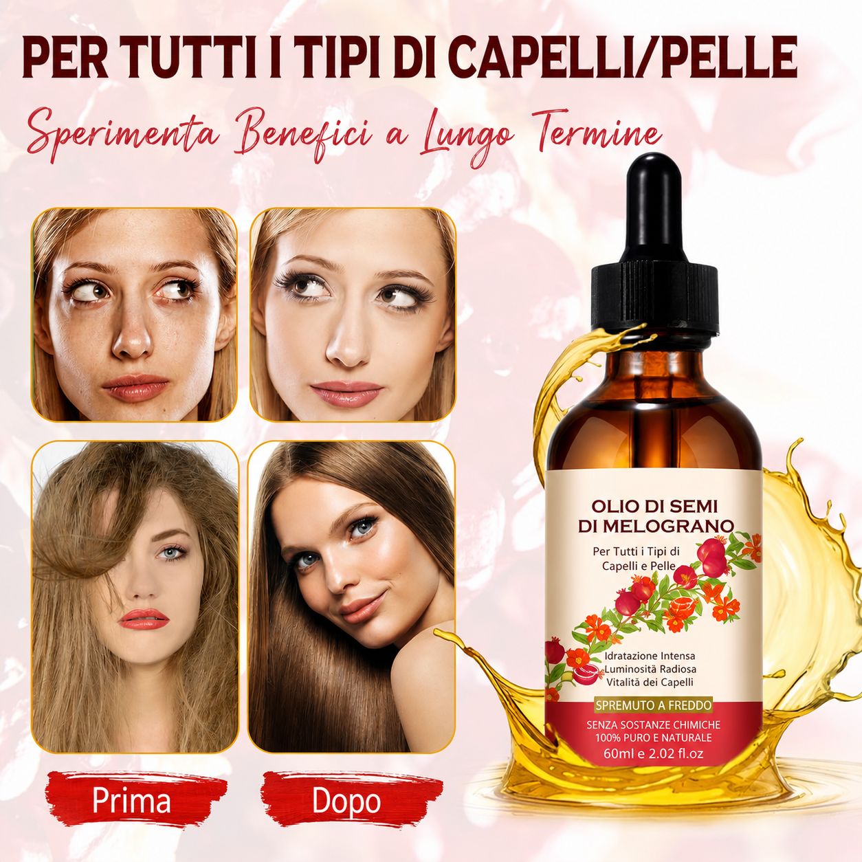 Quattro volti, confronto prima-dopo. Flacone marrone con contagocce, olio di semi di melograno. Testo: Olio di Semi di Melograno.