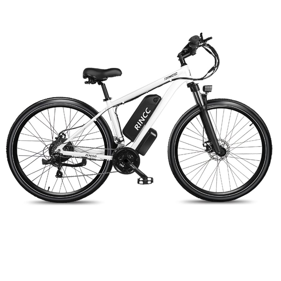 Mountain bike elettrica bianca con pneumatici neri e batteria. Marchio Rincc, modello RN50. Sella e manubrio neri.