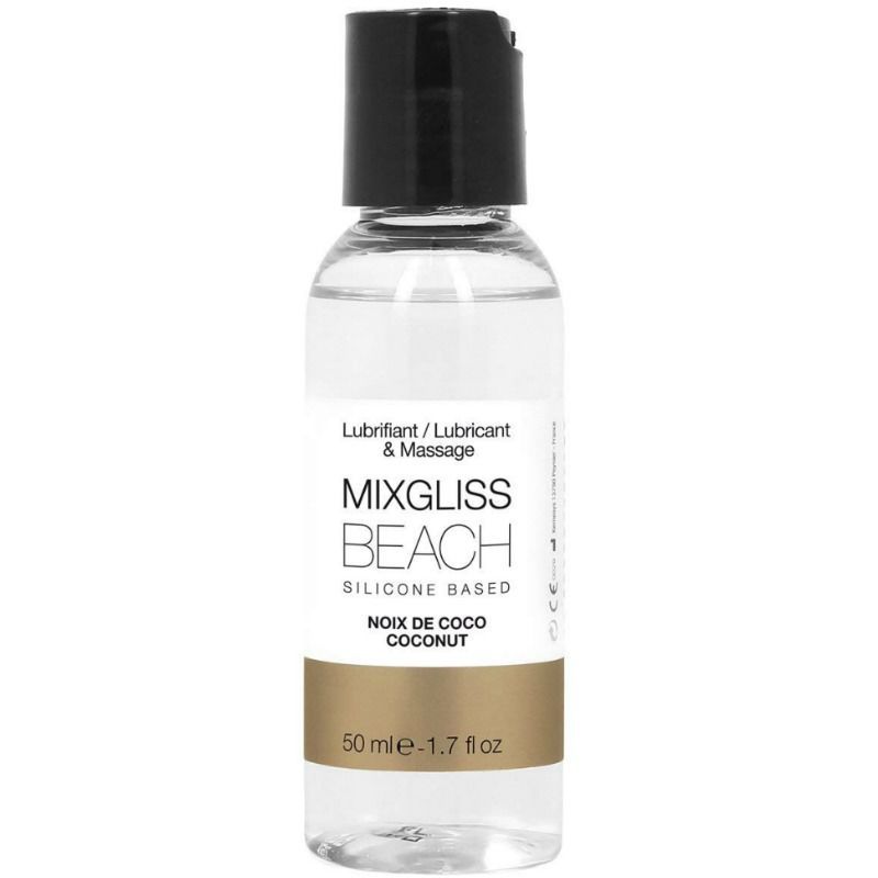 Flacone di lubrificante trasparente con tappo nero a scatto. Marca: MIXGLISS, Varietà: BEACH, Base: Silicone. Contenuto: 50 ml.