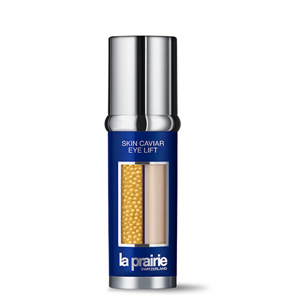 Flacone blu-argento con gel e crema al caviale. Nome prodotto: Skin Caviar Eye Lift. Marchio: La Prairie.