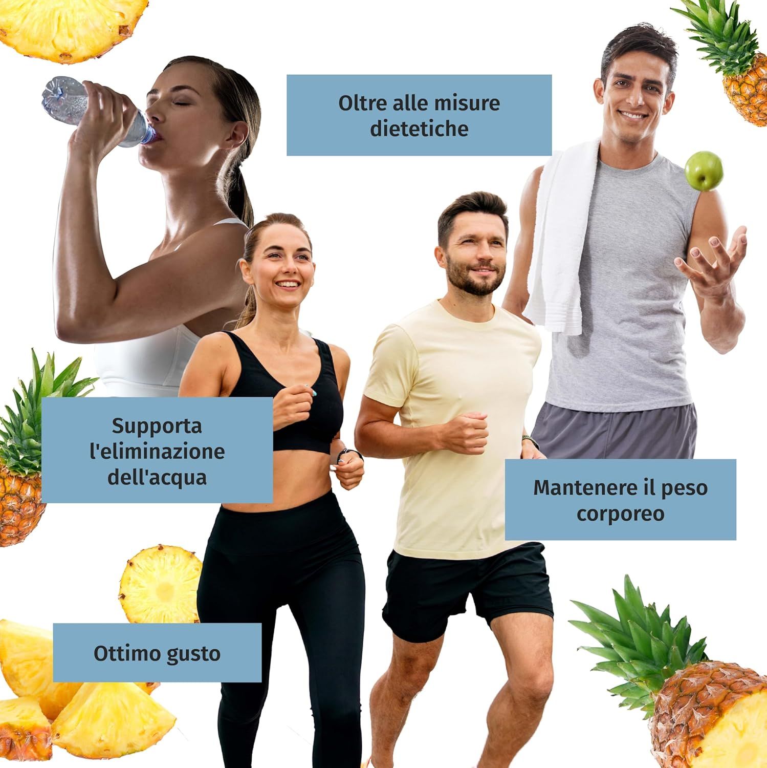 Persone che fanno sport. Pezzi di ananas. Campi di testo con informazioni. Barattolo OK!WaterOut.