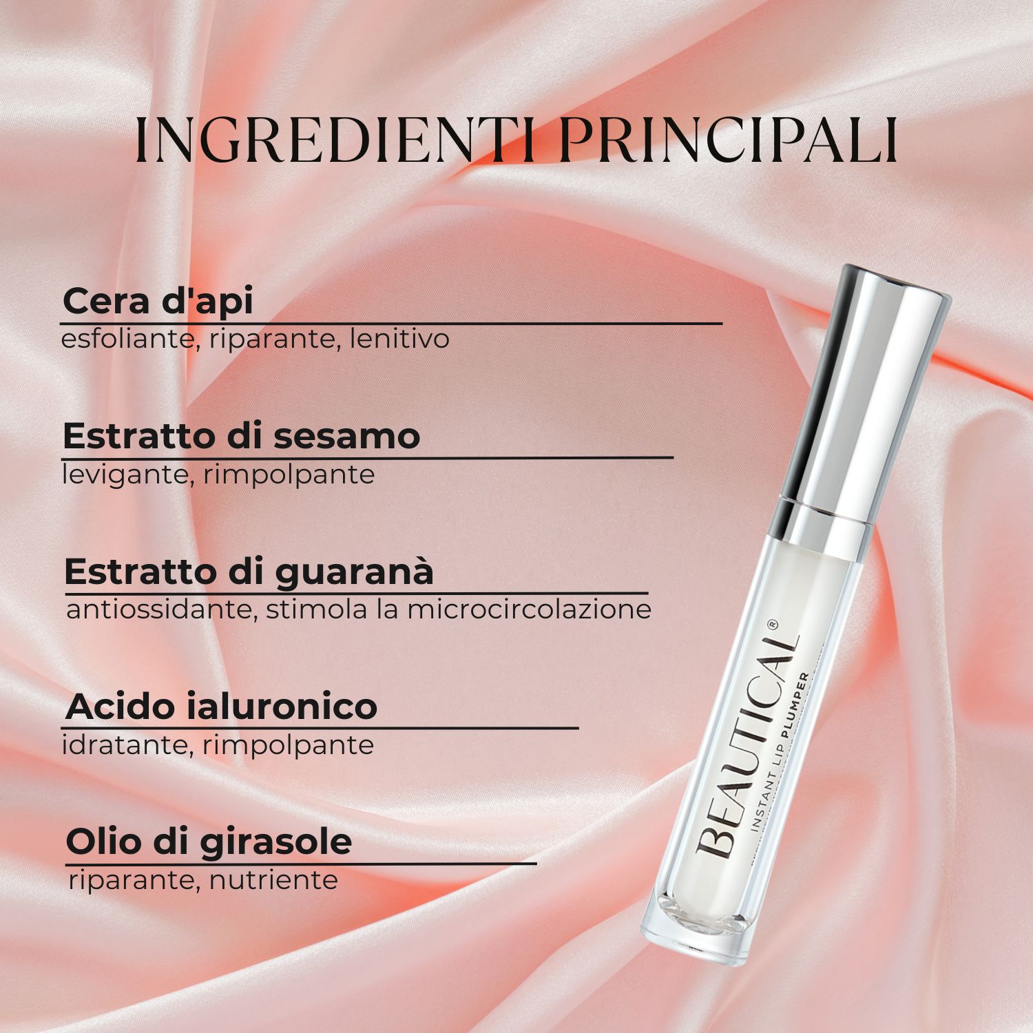 Testo: INGREDIENTI PRINCIPALI. Prodotto con applicatore. Testo: Cera d'api, Estratto di sesamo, Estratto di guaranà, Acido ialuronico.