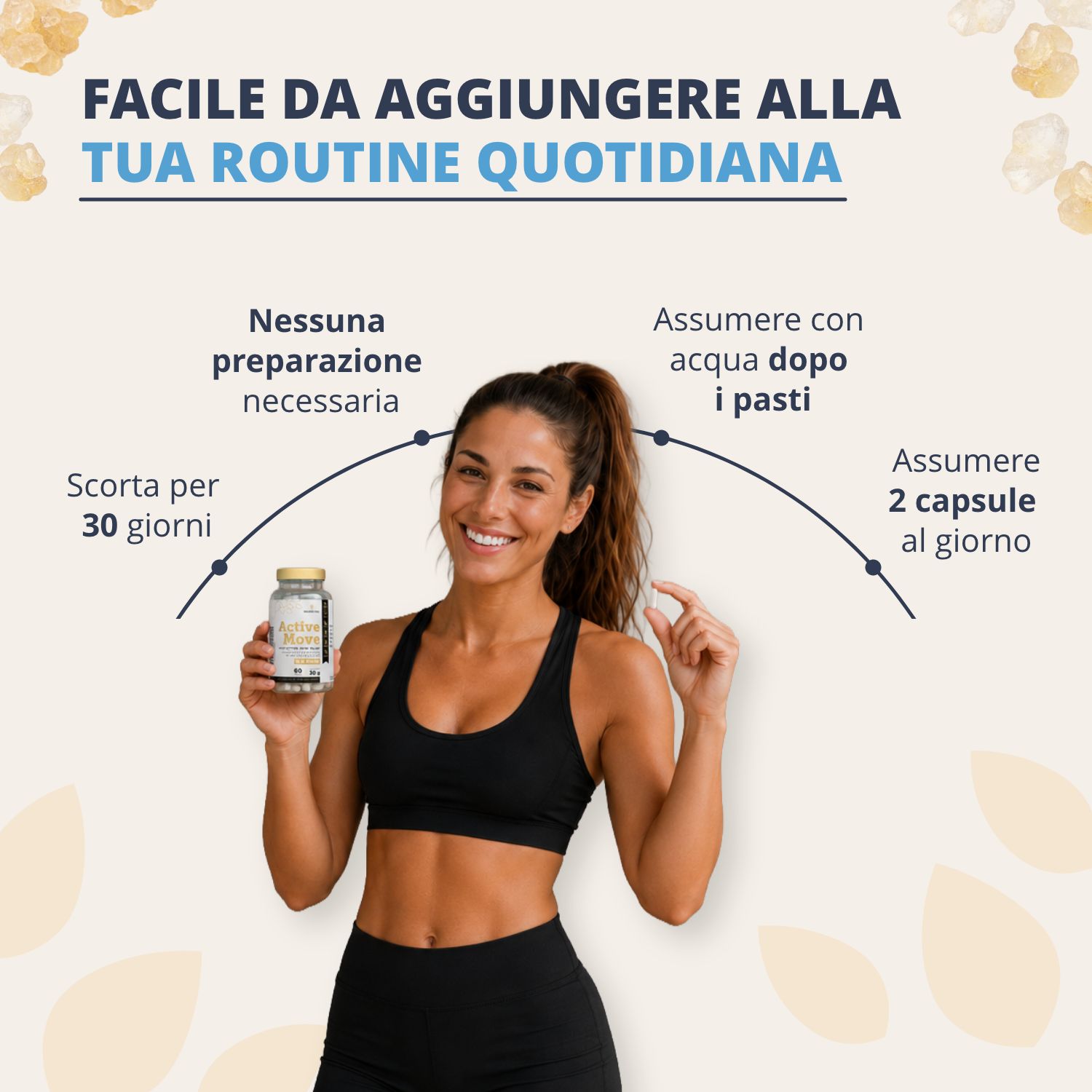 Flacone Golden Tree Active Move con elenco di 4 principi attivi brevettati per le articolazioni: Aprèsflex Boswellia, Collagene UC-II, Estratto di abete Belinal, Bioperina.
