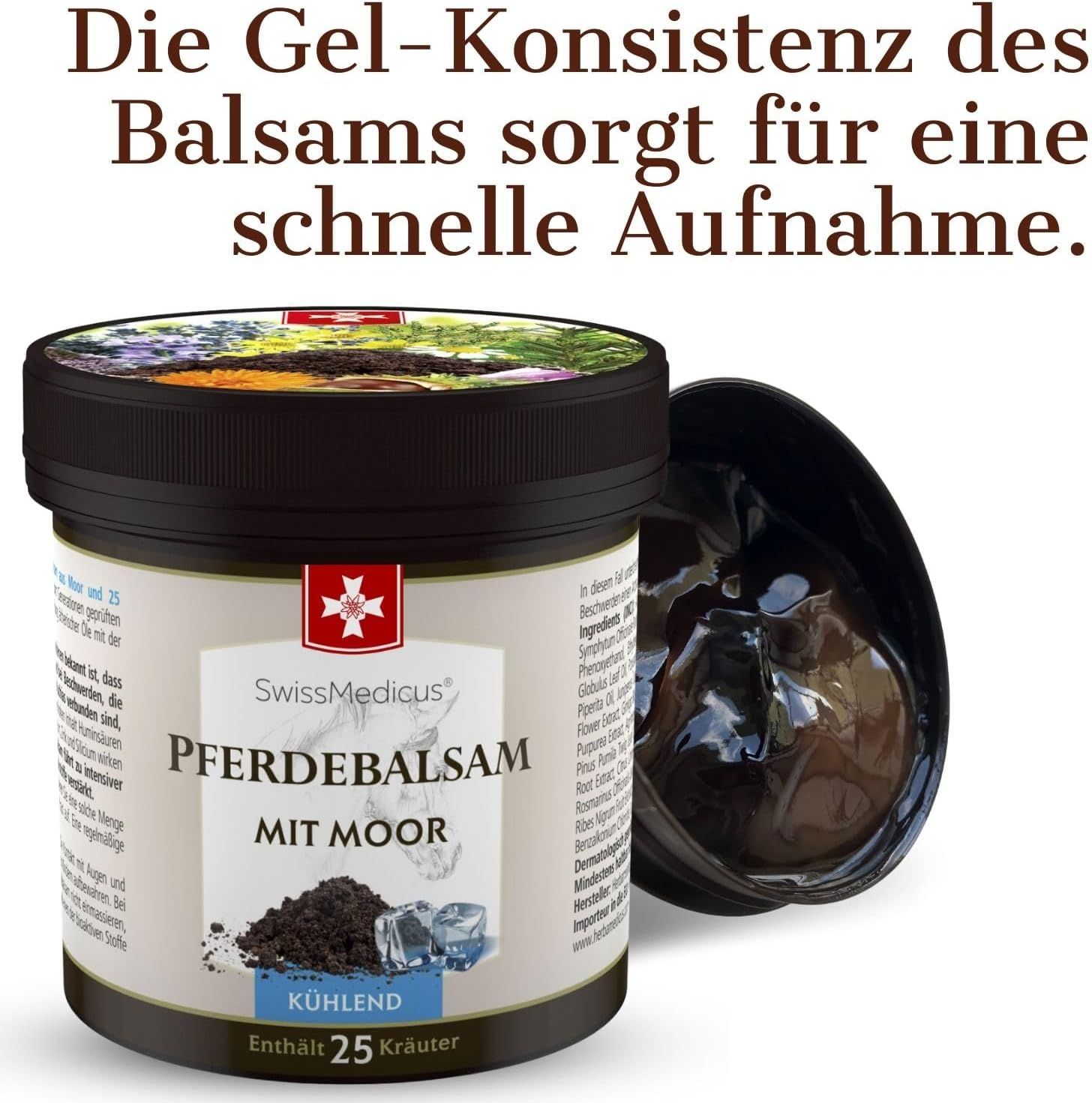 Barattolo del prodotto, coperchio aperto, accanto testo: La consistenza gel del balsamo assicura un rapido assorbimento.