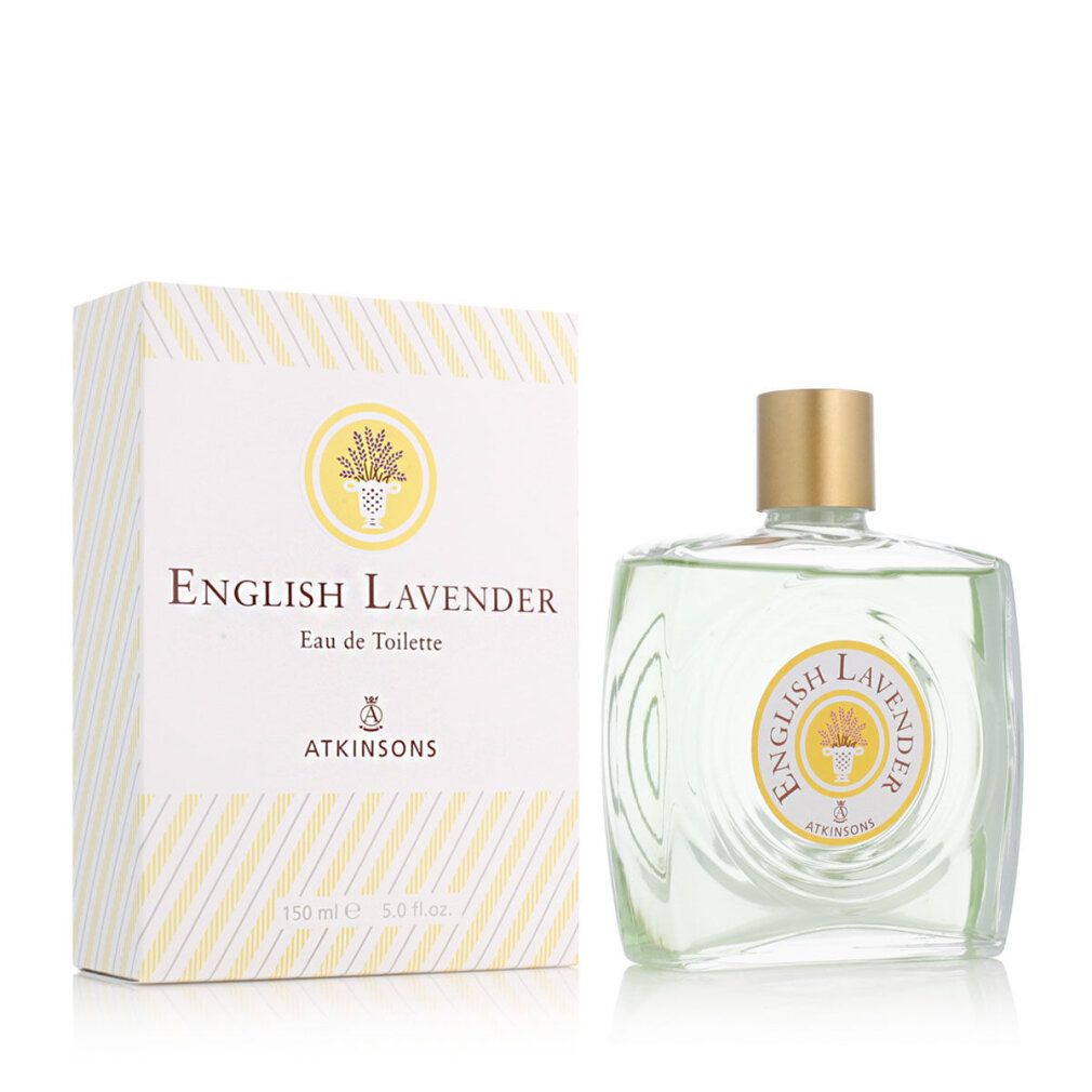 Flacone e scatola English Lavender Eau de Toilette. Etichetta gialla con logo. Strisce bianche e gialle sulla scatola.