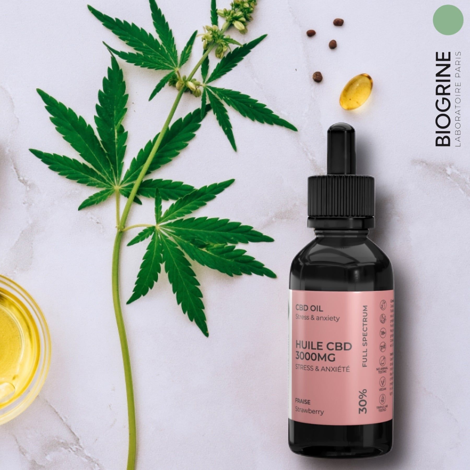 BIOGRINE CBD-ÖL 30% Fragola. Bottiglia con contagocce, pianta di cannabis, capsula. Scritta: HUIL CBD 3000MG, Fraise, 30%.