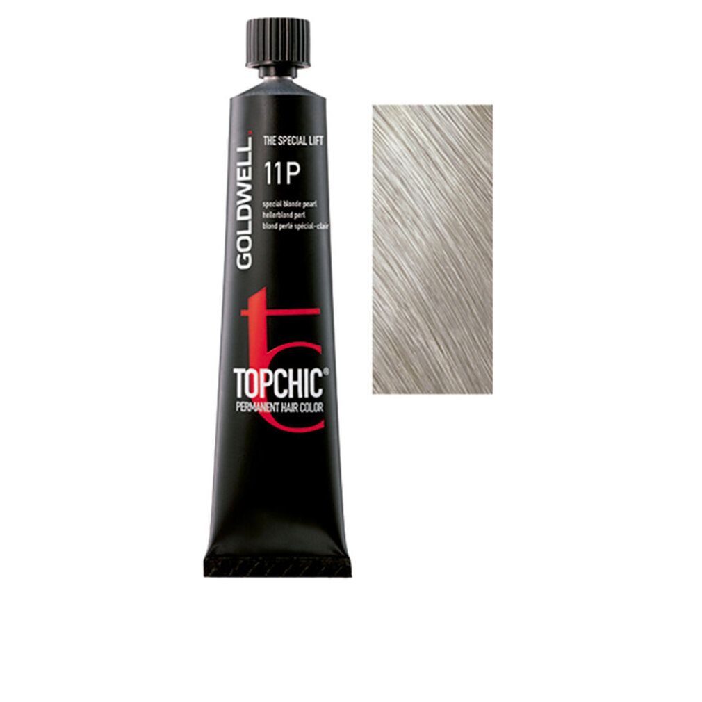 Tubo di colore per capelli Goldwell Topchic, 11P Special Blonde Pearl, con campione colore. Tubo nero, testo rosso.