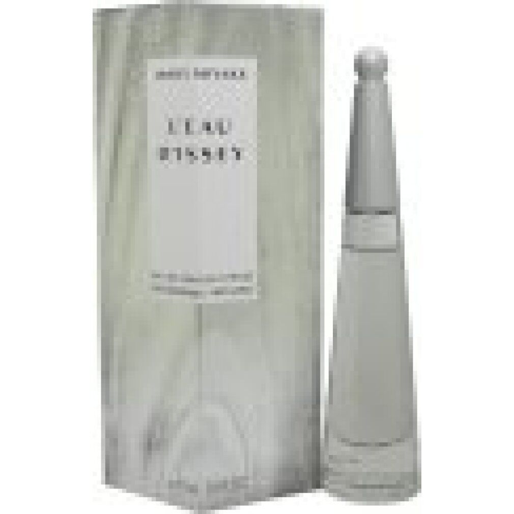 Flacone e confezione Issey Miyake, L'Eau d'Issey EdP Nat. Spray Intense. Flacone bianco, tappo argento, confezione grigia.