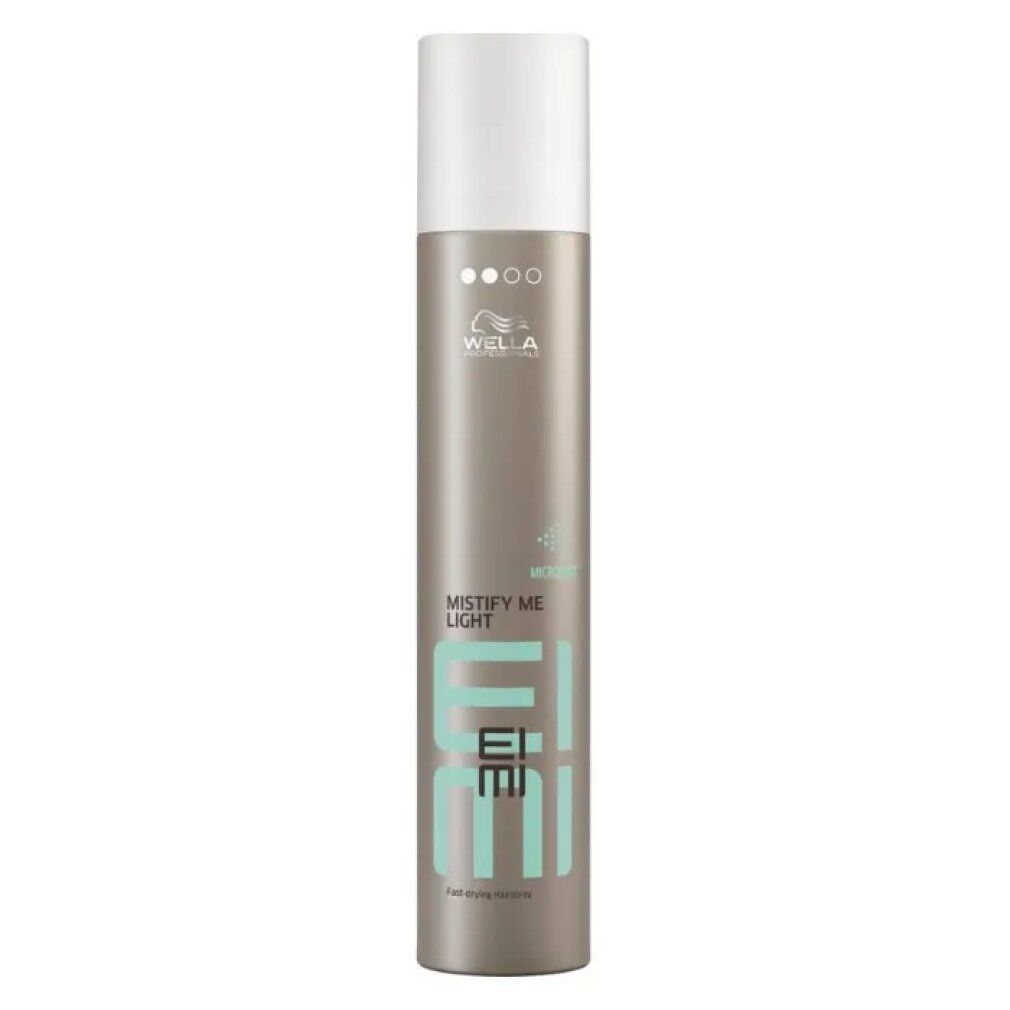 Flacone spray cilindrico. Bianco in alto, marrone sotto. Scritta: EIMI, MISTIFY ME LIGHT, logo Wella.