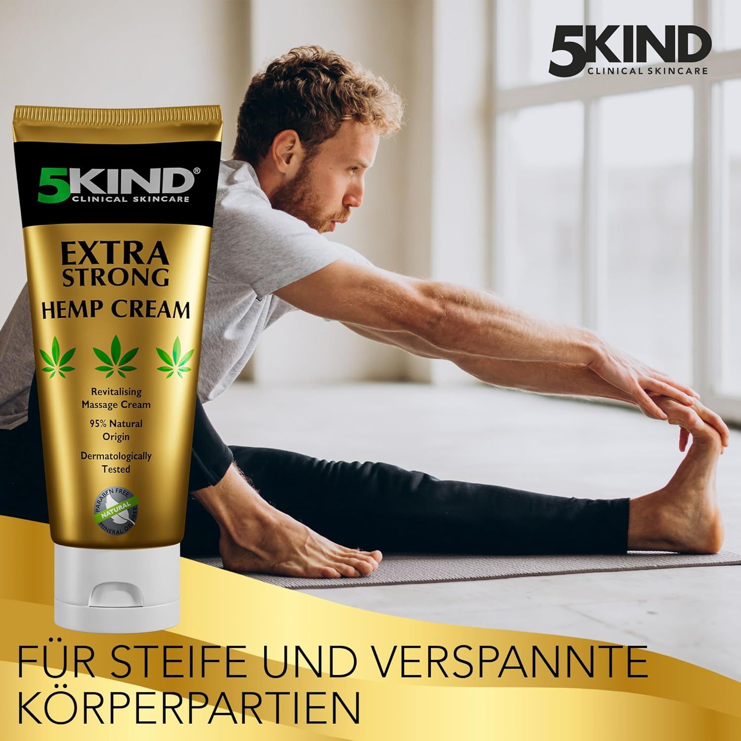 Tubo dorato con scritta: 5kind, Extra Strong Hemp Cream. Uomo che si allunga. Testo: Per parti del corpo rigide e tese.