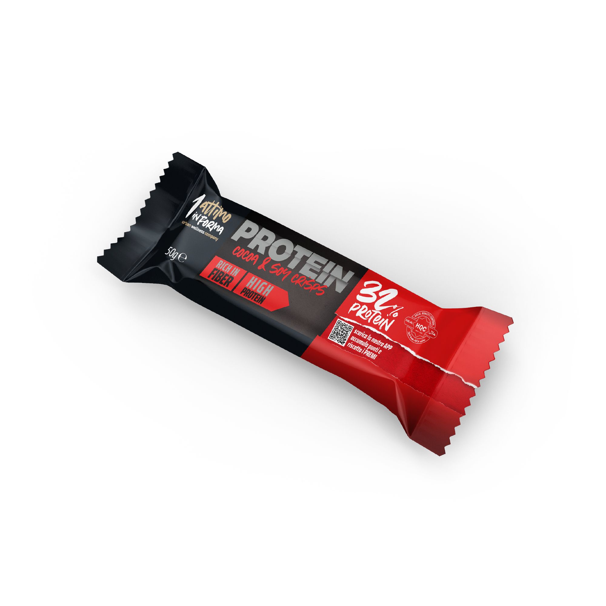 Barretta proteica 1attimoinforma, gusto cacao, 32% proteine, alta fibra.