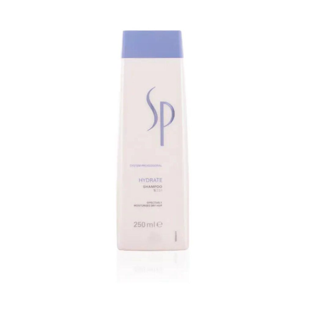 Flacone bianco con tappo blu e logo SP. Contiene Hydrate Shampoo. 250ml.