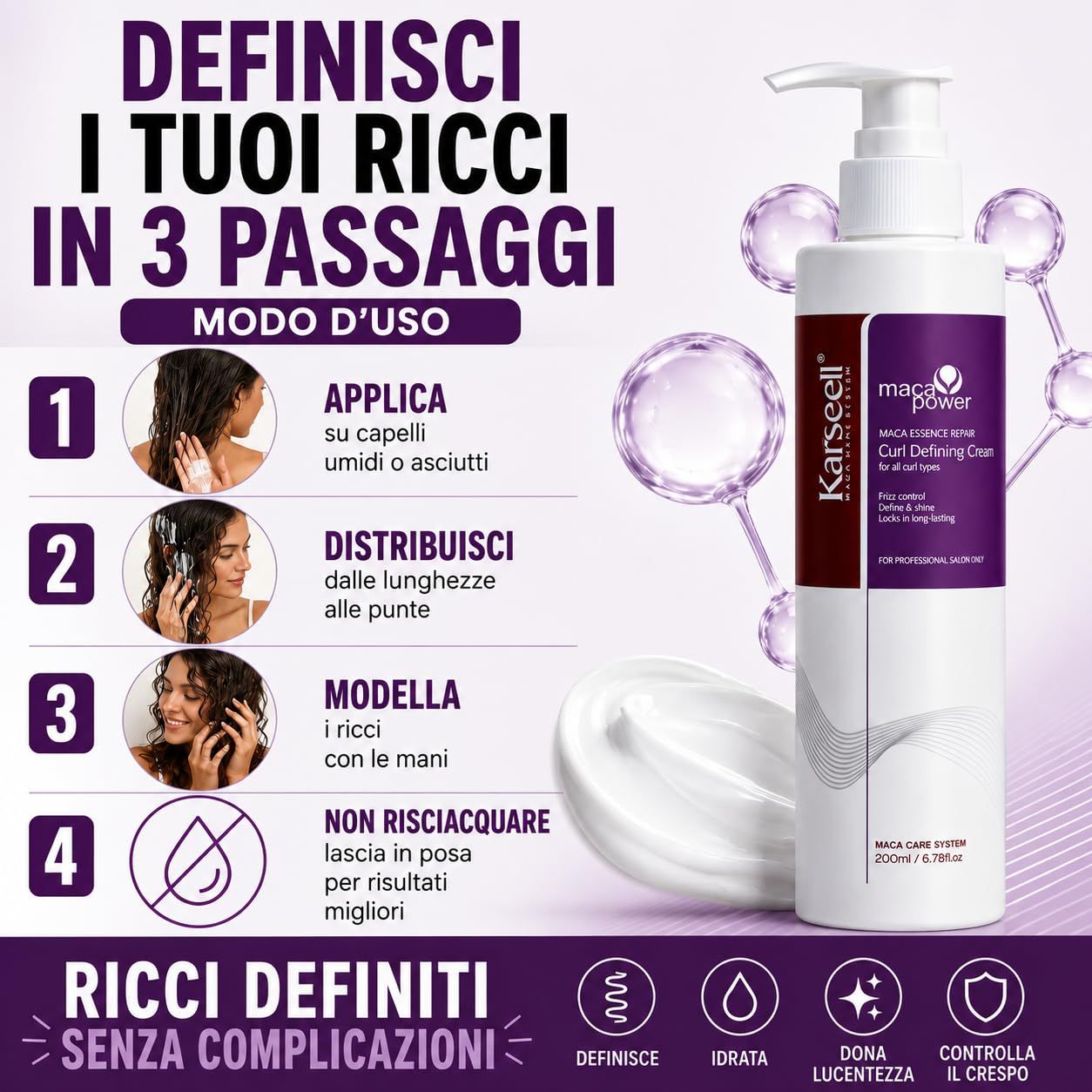Flacone con erogatore a pompa per prodotto capelli ricci Karseell Maca Power, 200ml.