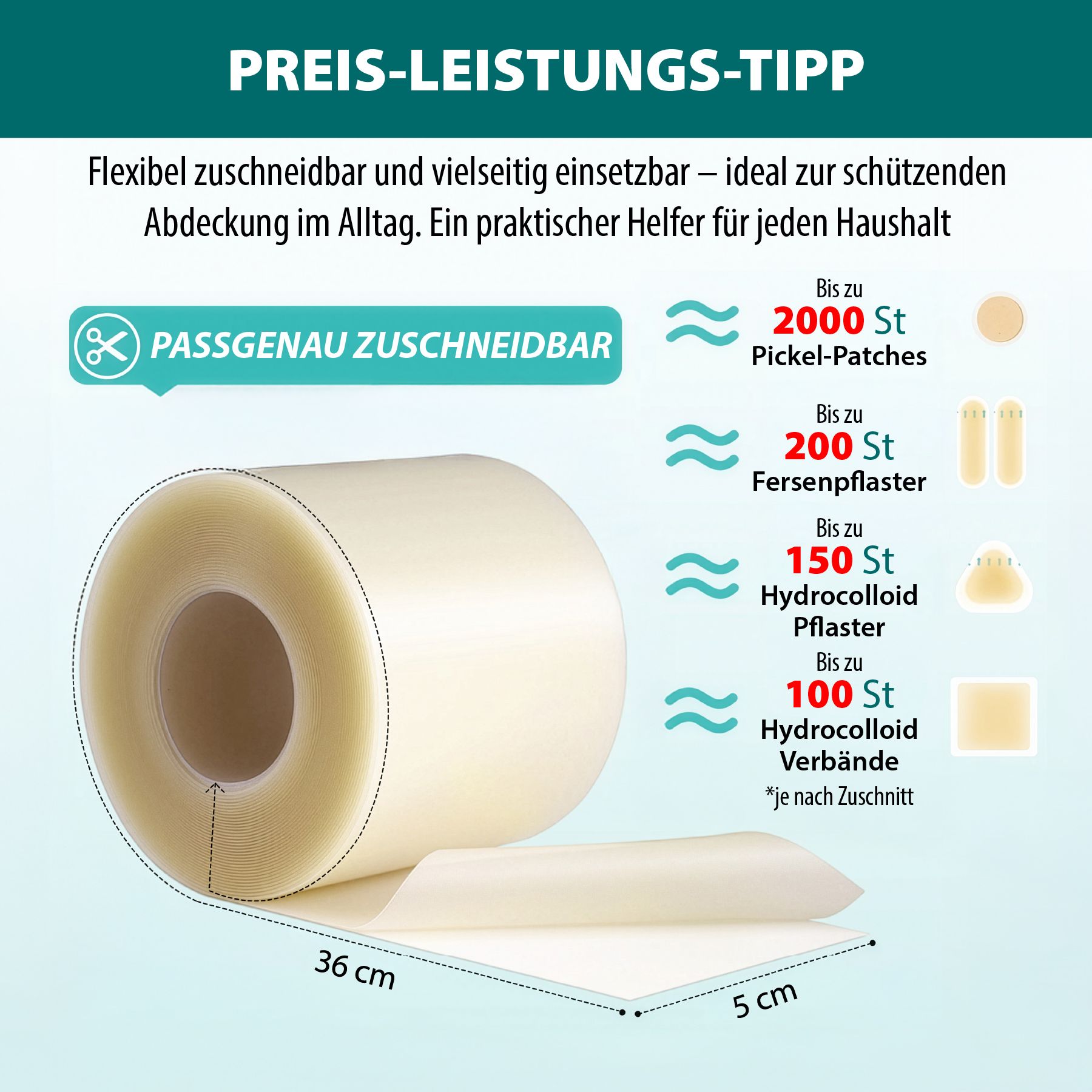 Rotolo di cerotto idrocolloide. Taglio flessibile, fino a 2000 patch per brufoli, 200 cerotti per talloni, 150 cerotti.