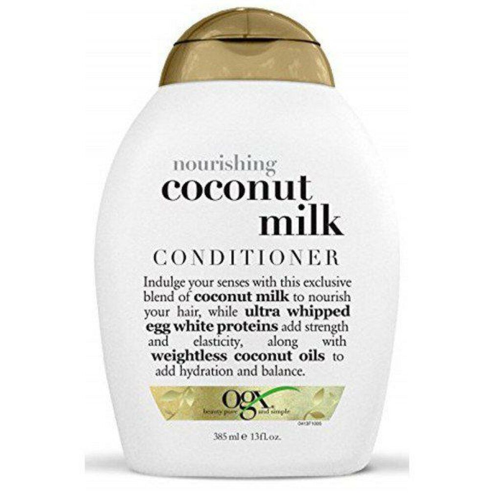 Flacone bianco con tappo dorato. Scritta: "coconut milk CONDITIONER". Contiene 385 ml. Marchio: OGX.