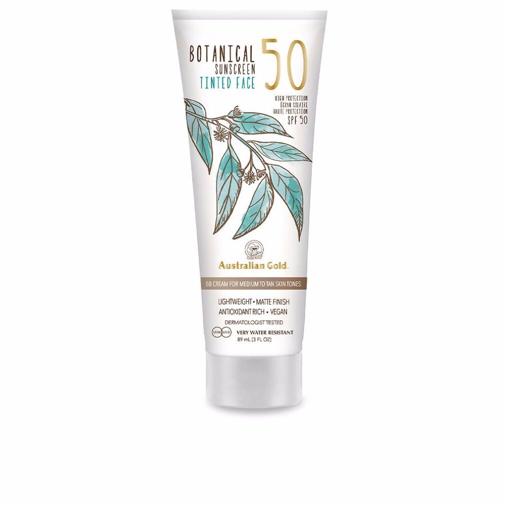 Tubo di crema solare colorata "Botanical Sunscreen Tinted Face 50". Illustrazione di foglie e "Australian Gold". SPF 50.