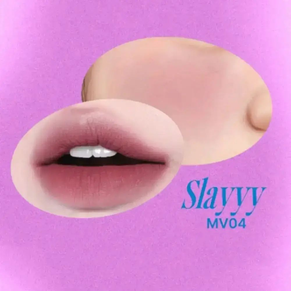 Labbra e guance in un ovale. Accanto, una zona della guancia. Scritta: Slayyy MV04.