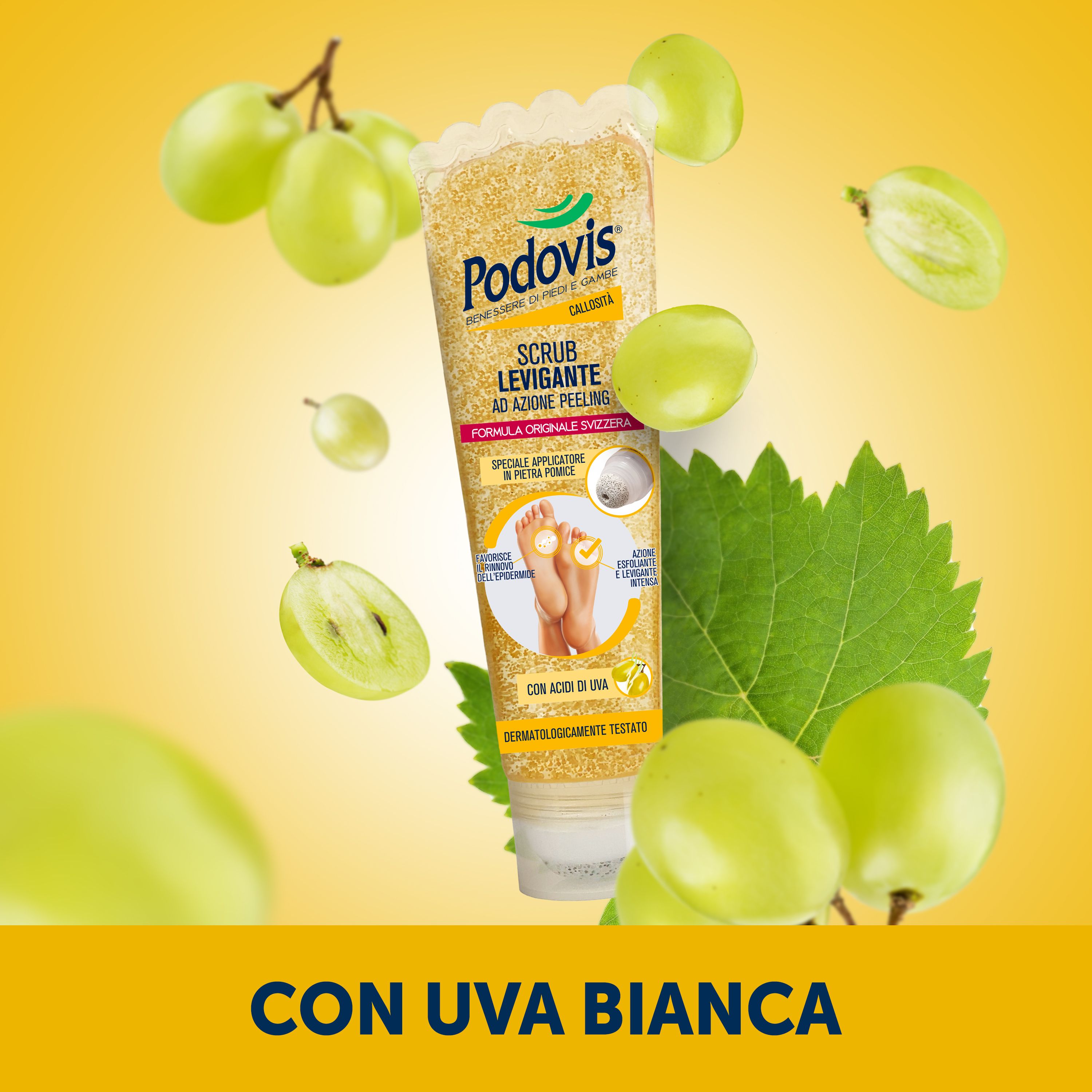Podovis, Scrub Levigante Peeling, Esfoliante per Piedi,Pelle Morbida, Con Uva Bianca e Papaya,150 ml