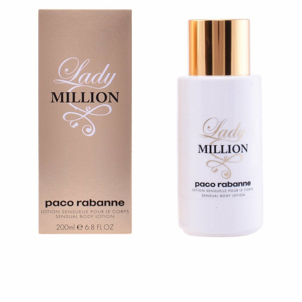 Flacone bianco con tappo dorato e logo "Lady Million". Accanto, la confezione dorata.