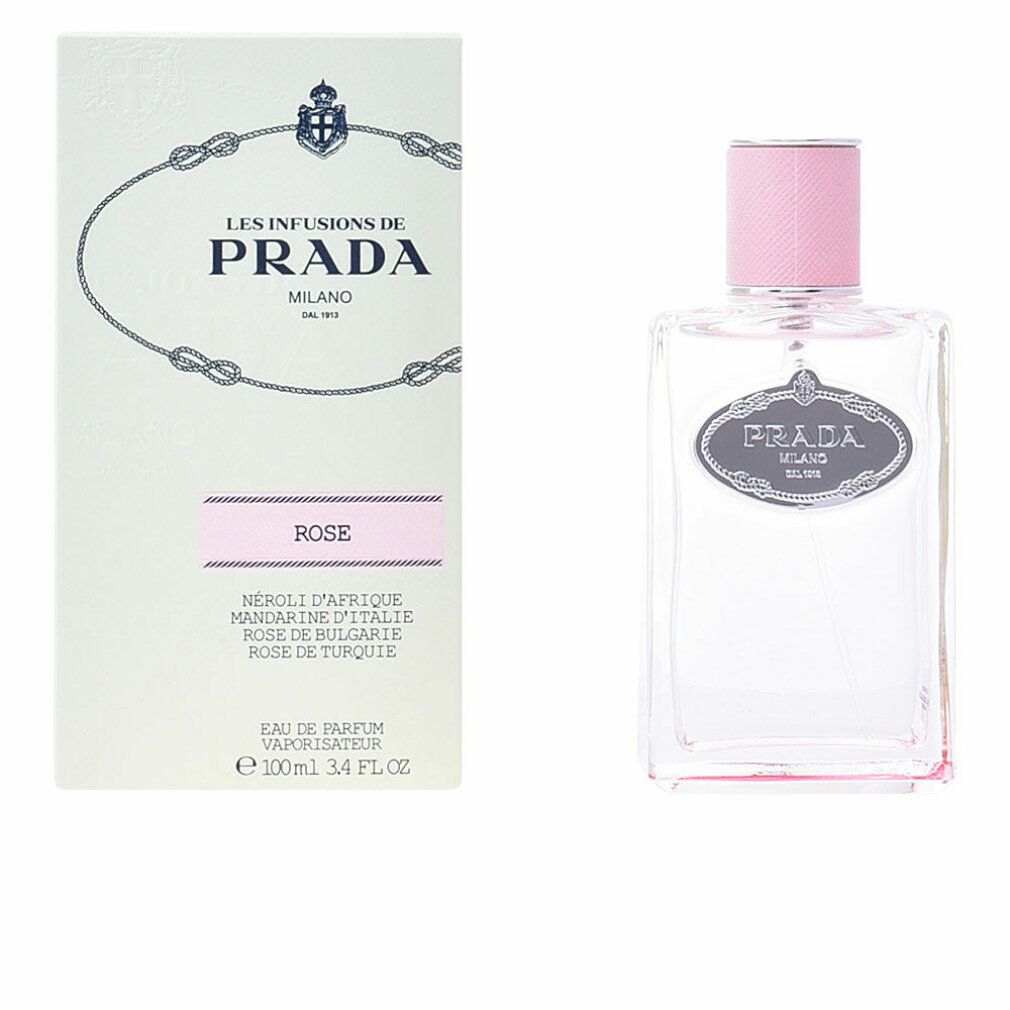 Flacone di profumo e confezione. Scritta: Prada Les Infusions de Rose.